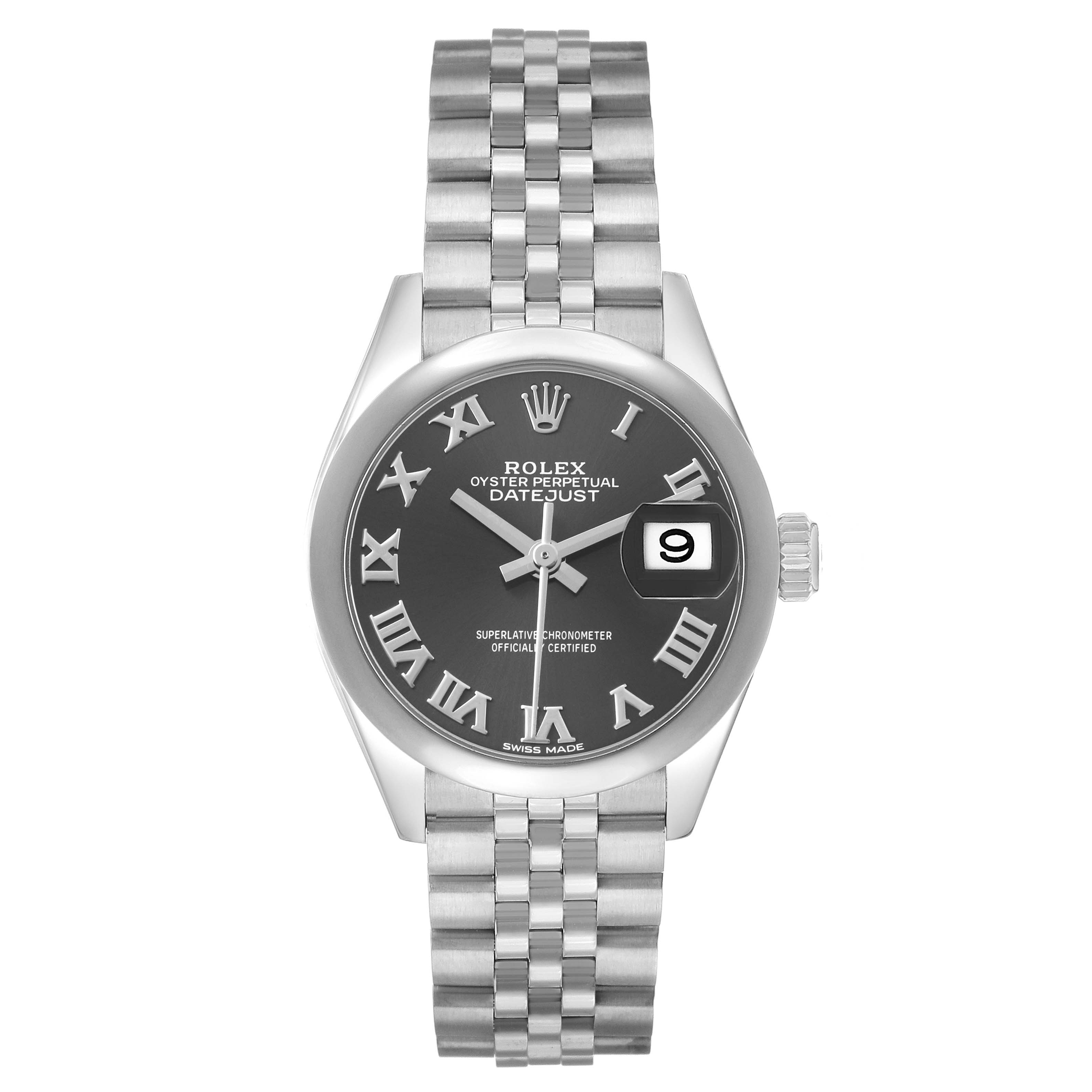 The Rolex Datejust 279160 Women's Stainless Steel Grey Dial watch is shown from a top-down angle, highlighting the dial, bracelet, and date window.