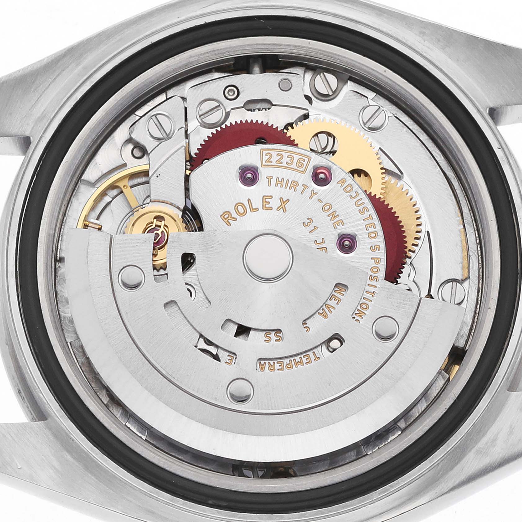 The image shows the movement mechanism of a Rolex Datejust 279160 Women's Stainless Steel Grey Dial watch from the back, highlighting gears and the rotor.