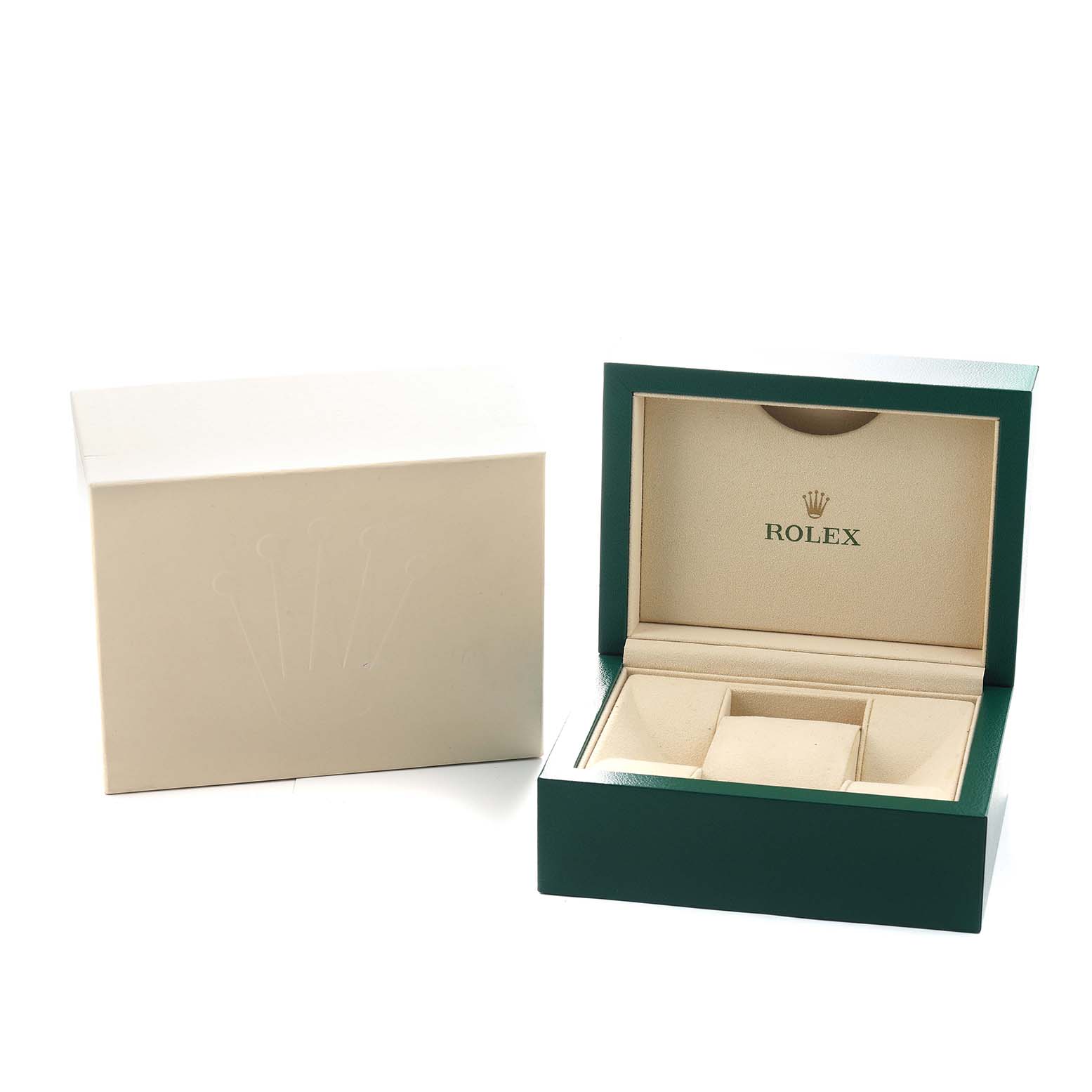 The image shows an open, beige-lined green box for a Rolex Datejust 279160 Women's Stainless Steel Grey Dial, with the exterior packaging on the left.