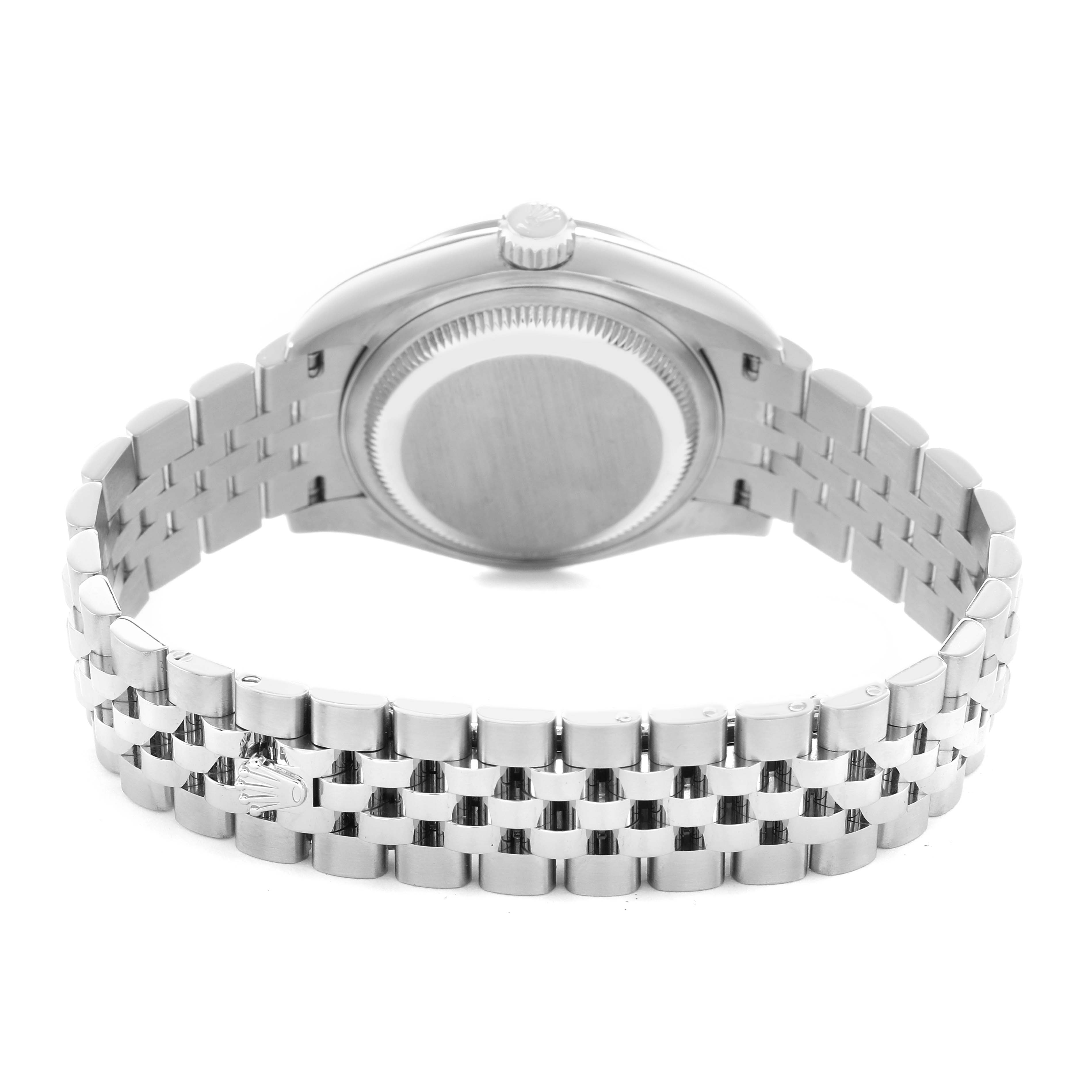 The Rolex Datejust 279160 Women's Stainless Steel Grey Dial watch is shown from the back, highlighting the case back and jubilee bracelet.