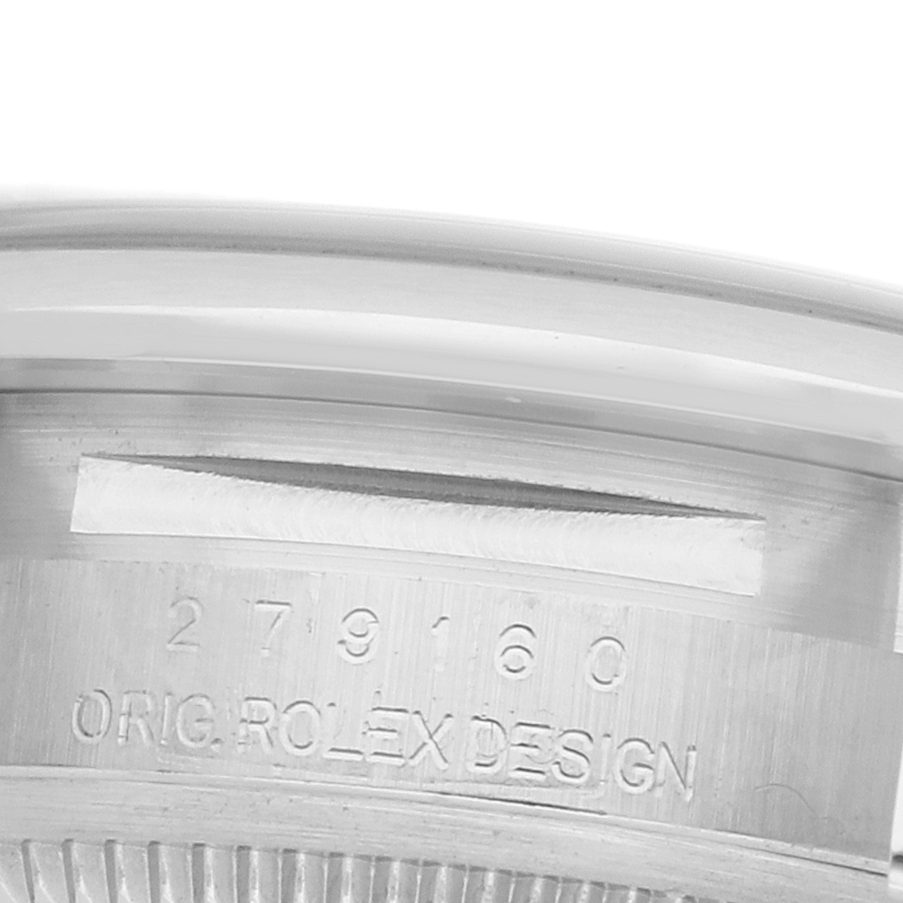 The image shows the side view of a Rolex Datejust 279160 Women's Stainless Steel Grey Dial model case with engraved text and reference number.