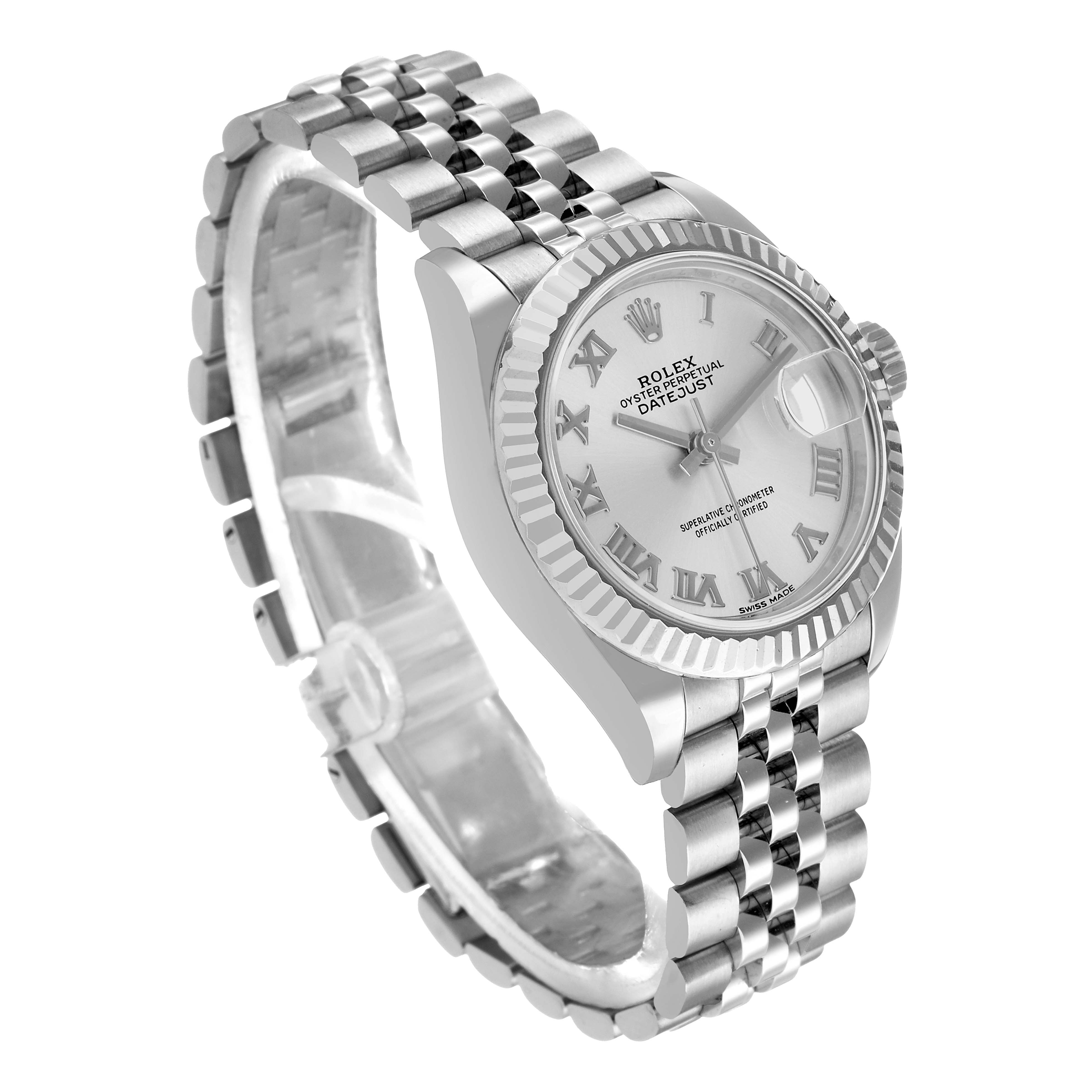 The Rolex Datejust 279174 Women's Stainless Steel Silver Dial watch is shown at a three-quarter angle, highlighting the face, bezel, and Jubilee bracelet.