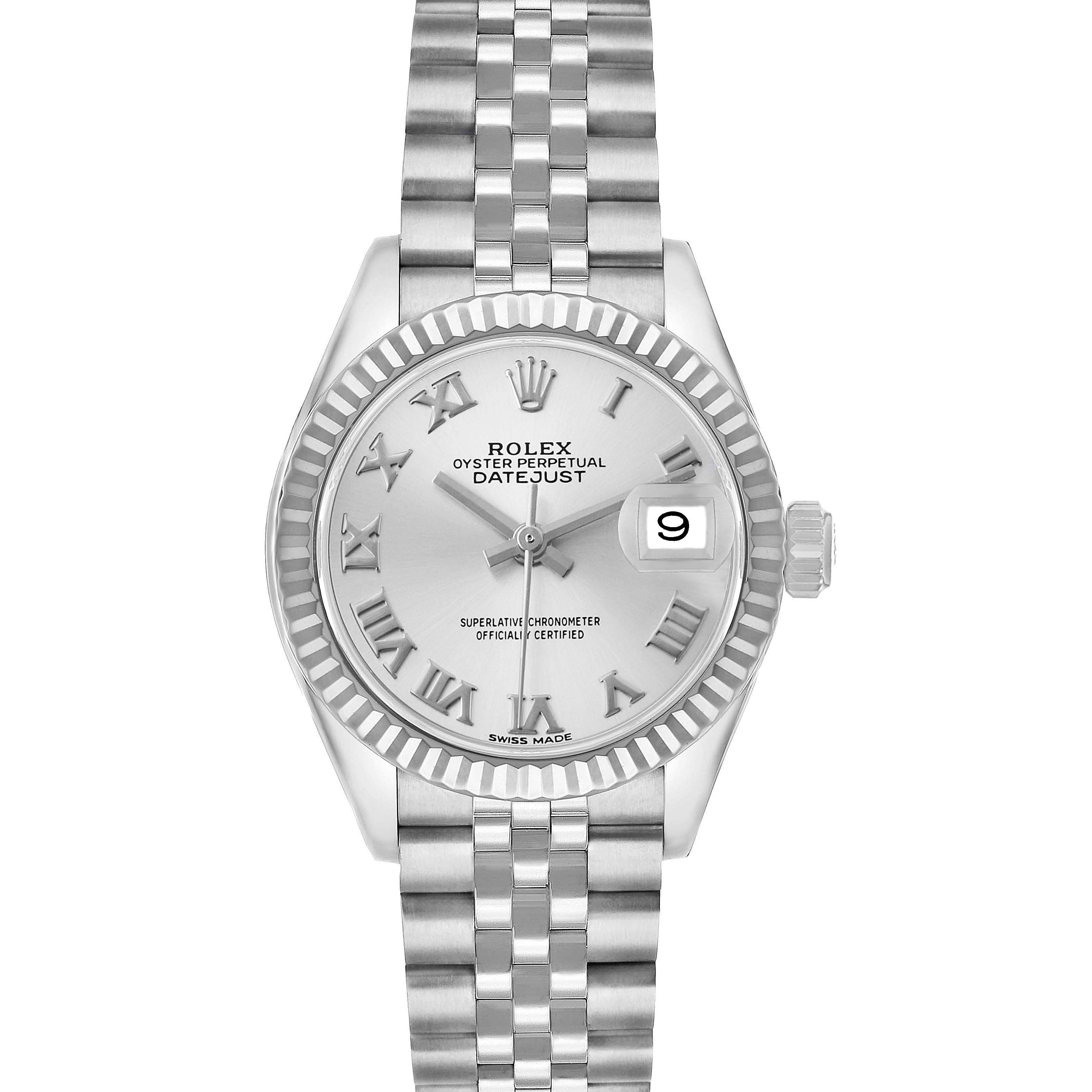 The image shows a front view of the Rolex Datejust 279174 Women's Stainless Steel Silver Dial watch, displaying the dial, bezel, crown, and bracelet.