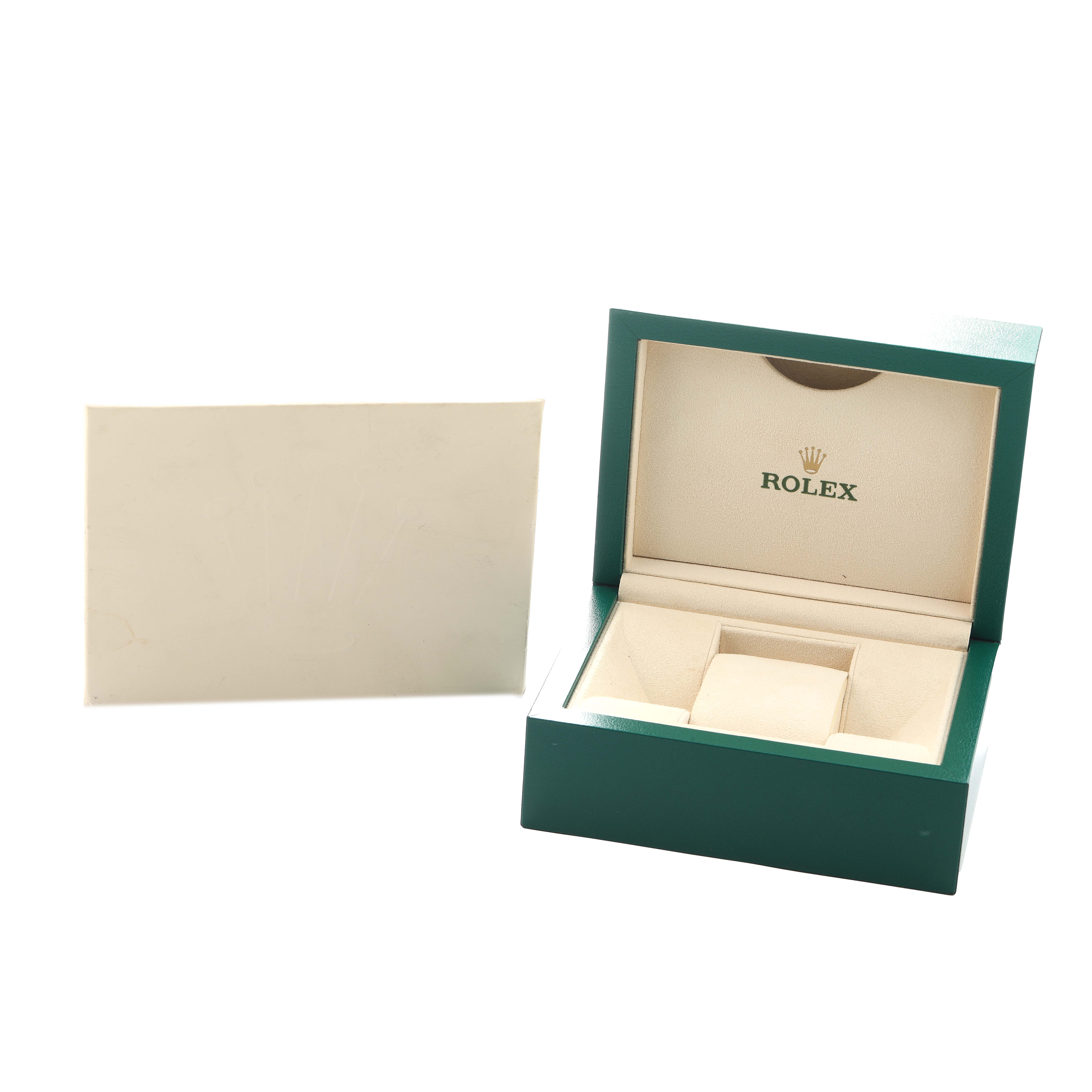 The image shows an open Rolex Datejust 279174 Women's Stainless Steel Silver Dial watch box from a front angle, displaying the interior and logo.