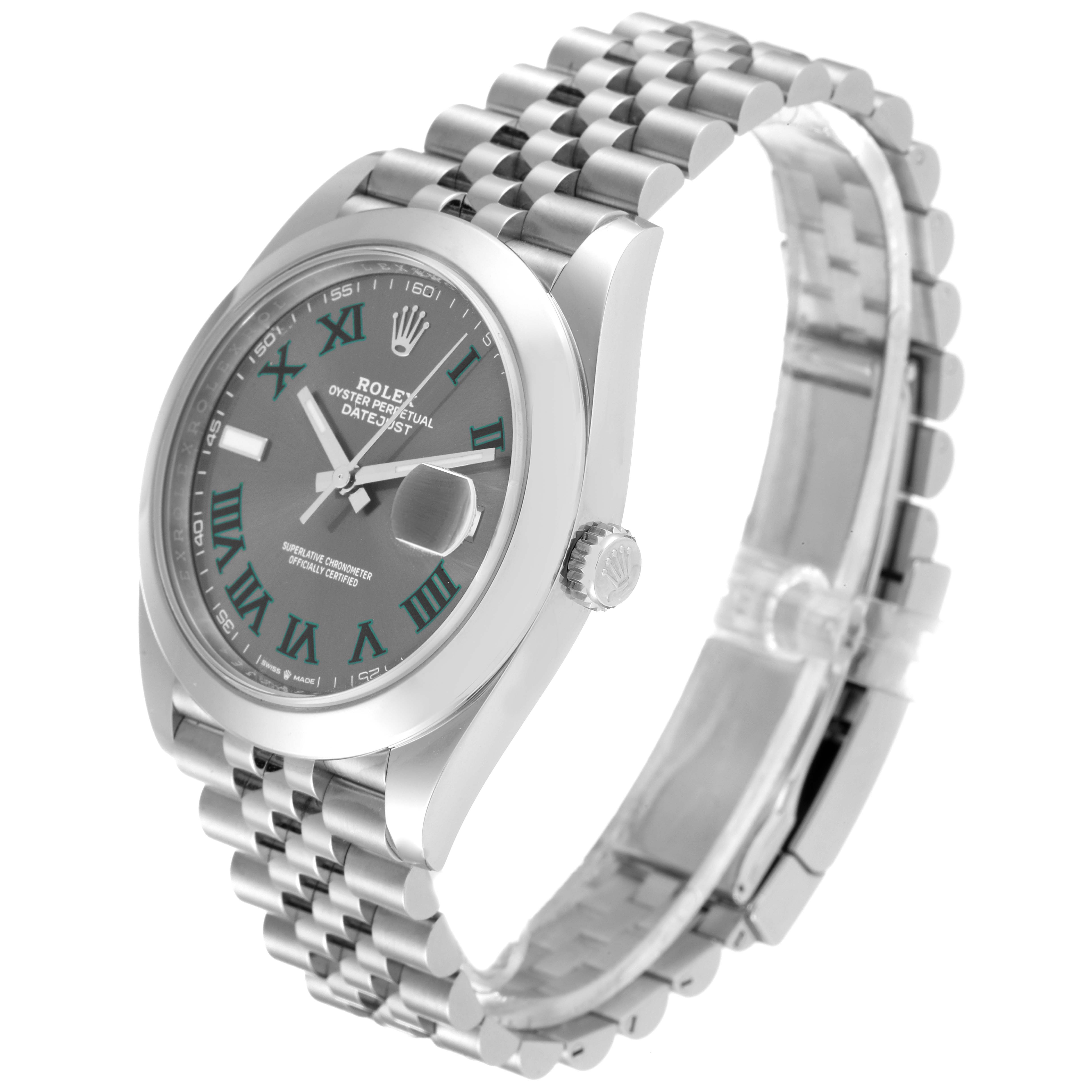 The image shows a side and front angle of the Rolex Datejust 41 126300 Men's Stainless Steel Grey Dial 126300 Men's Stainless Steel Grey Dial watch, highlighting its dial, crown, and bracelet.