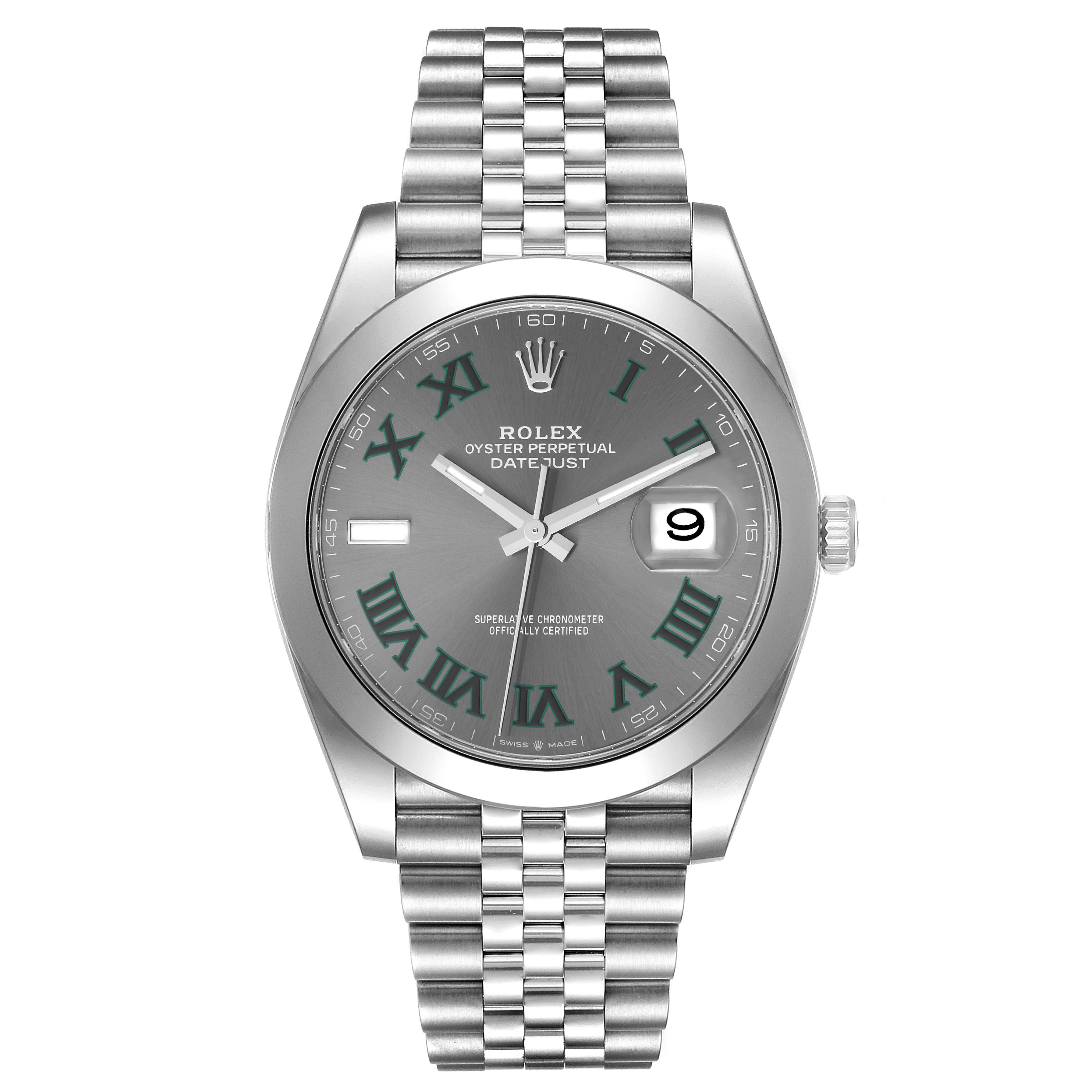 The image shows a front view of the Rolex Datejust 41 126300 Men's Stainless Steel Grey Dial 126300 Men's Stainless Steel Grey Dial watch, highlighting its gray dial, Roman numeral markers, date window, and Jubilee bracelet.