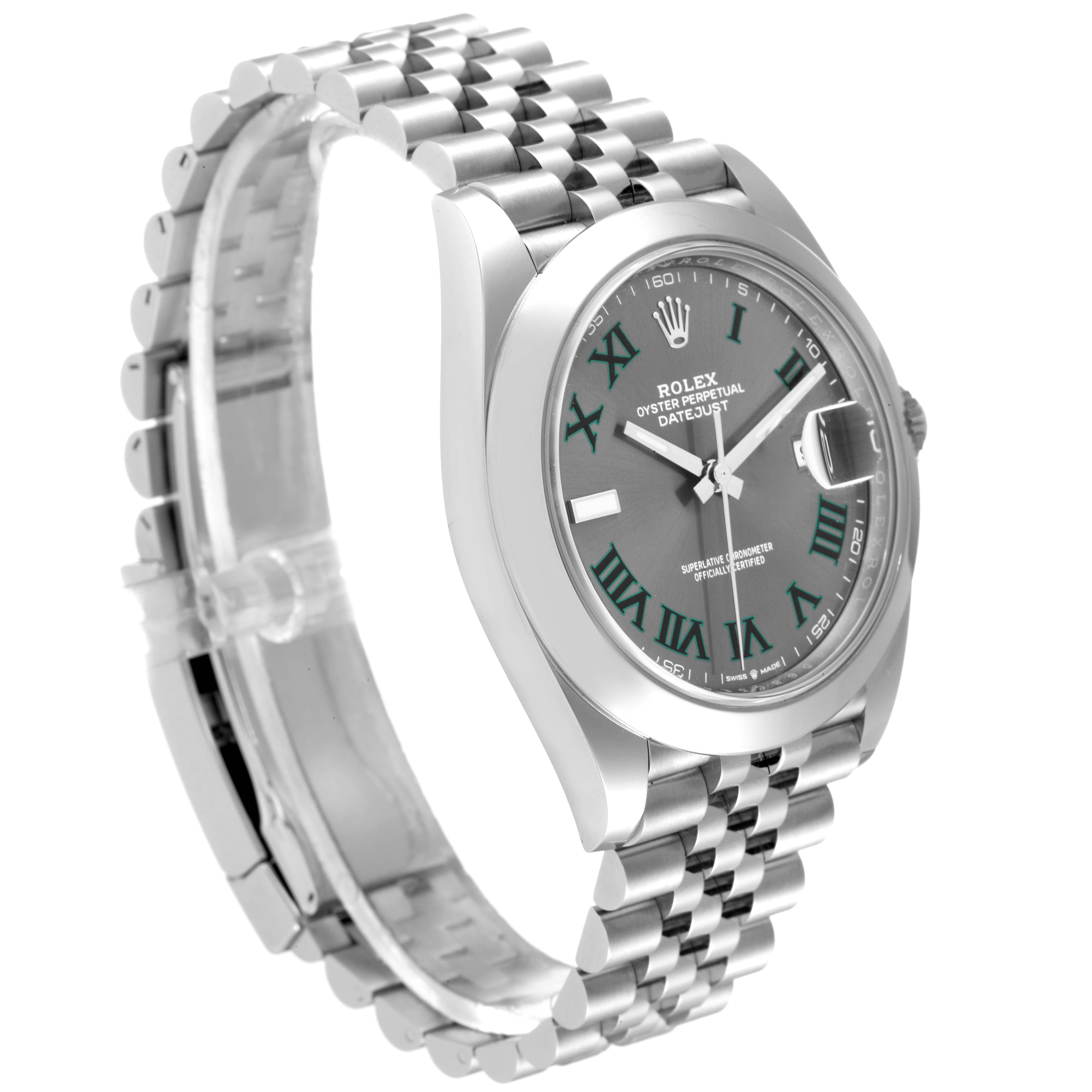 The Rolex Datejust 41 126300 Men's Stainless Steel Grey Dial 126300 Men's Stainless Steel Grey Dial model is shown from a side angle, displaying its face, bezel, and bracelet.