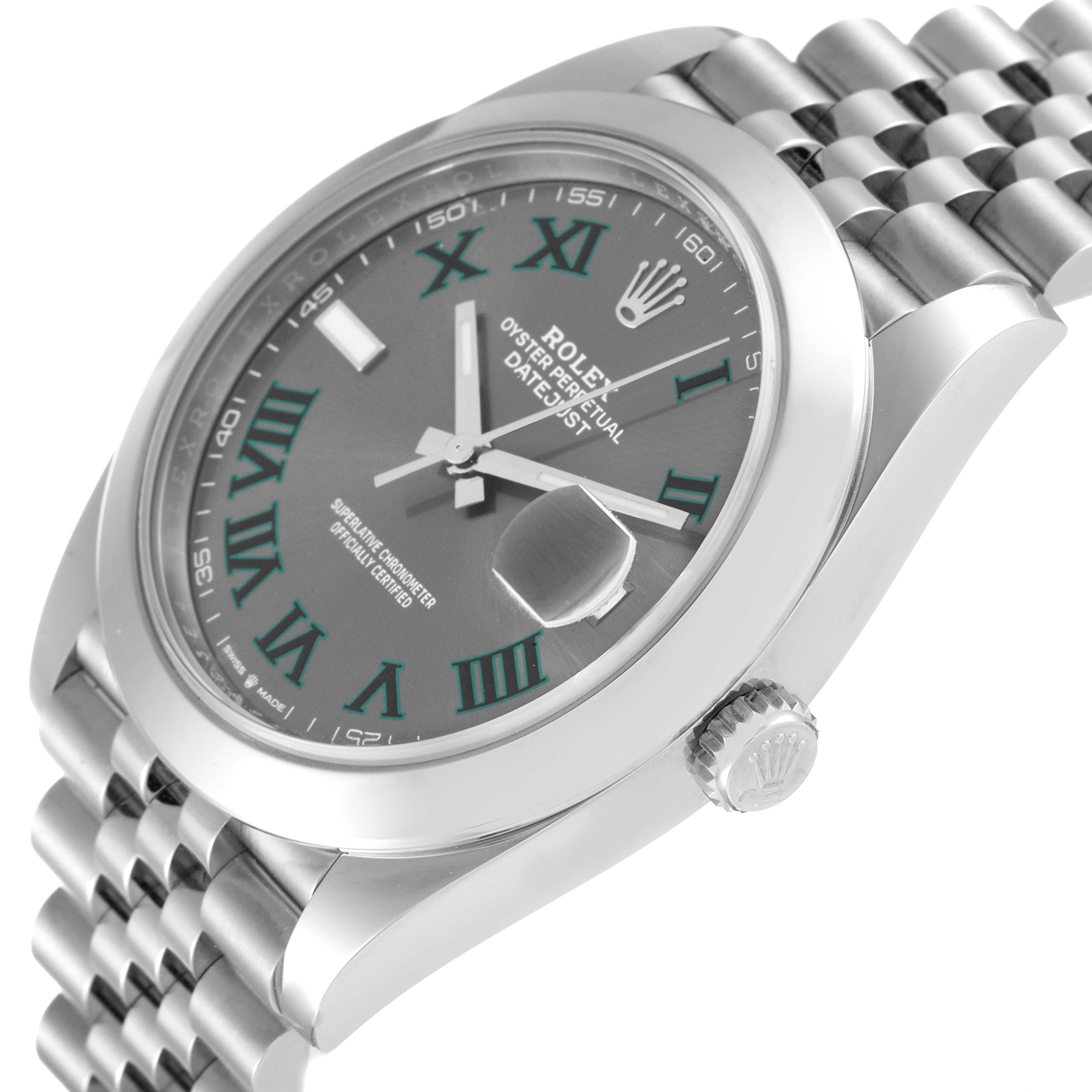 This image shows the Rolex Datejust 41 126300 Men's Stainless Steel Grey Dial 126300 Men's Stainless Steel Grey Dial model at an angled view, highlighting the dial, bracelet, crown, and part of the case.