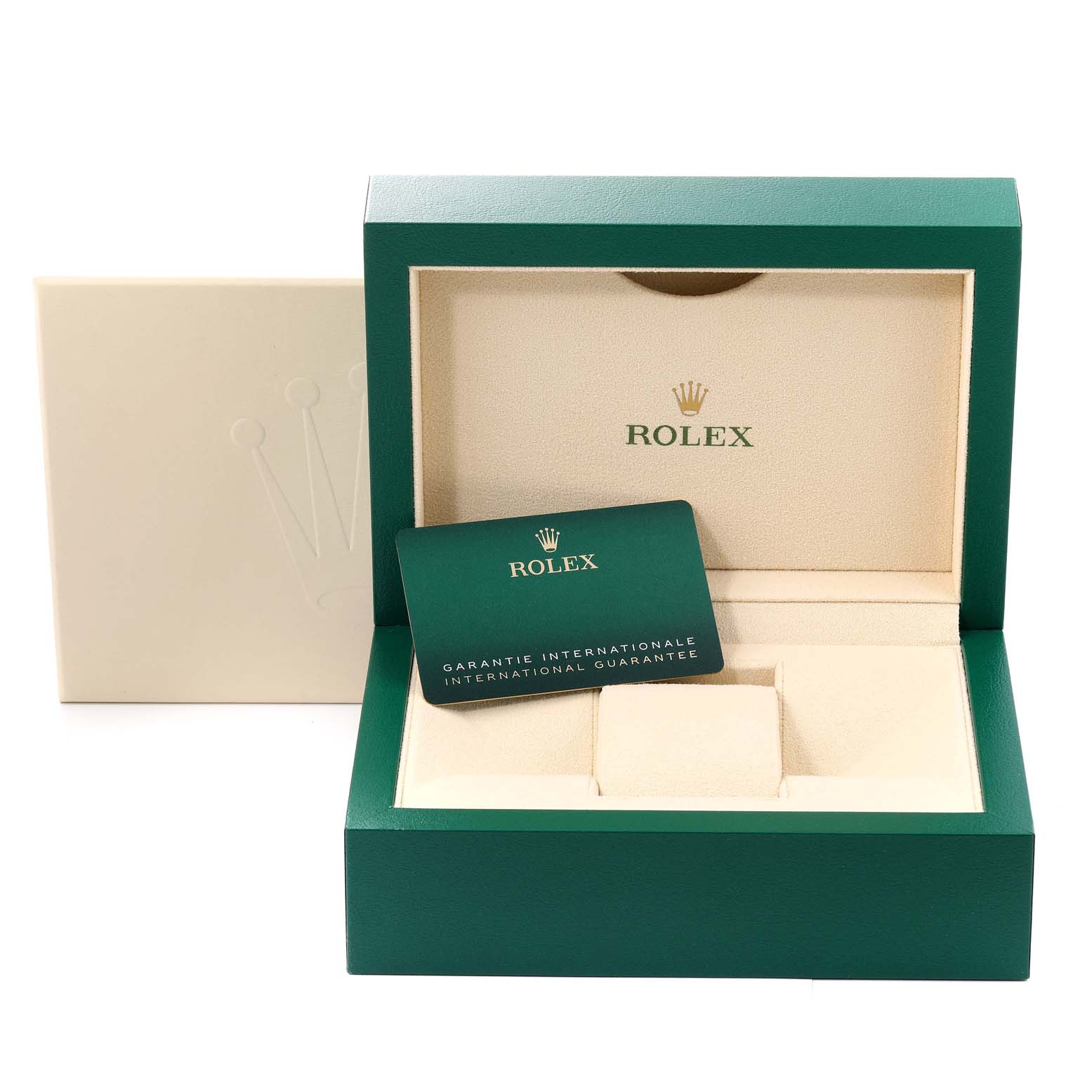 The image shows the open box and international guarantee card for the Rolex Datejust 41 126300 Men's Stainless Steel Grey Dial 126300 Men's Stainless Steel Grey Dial model.