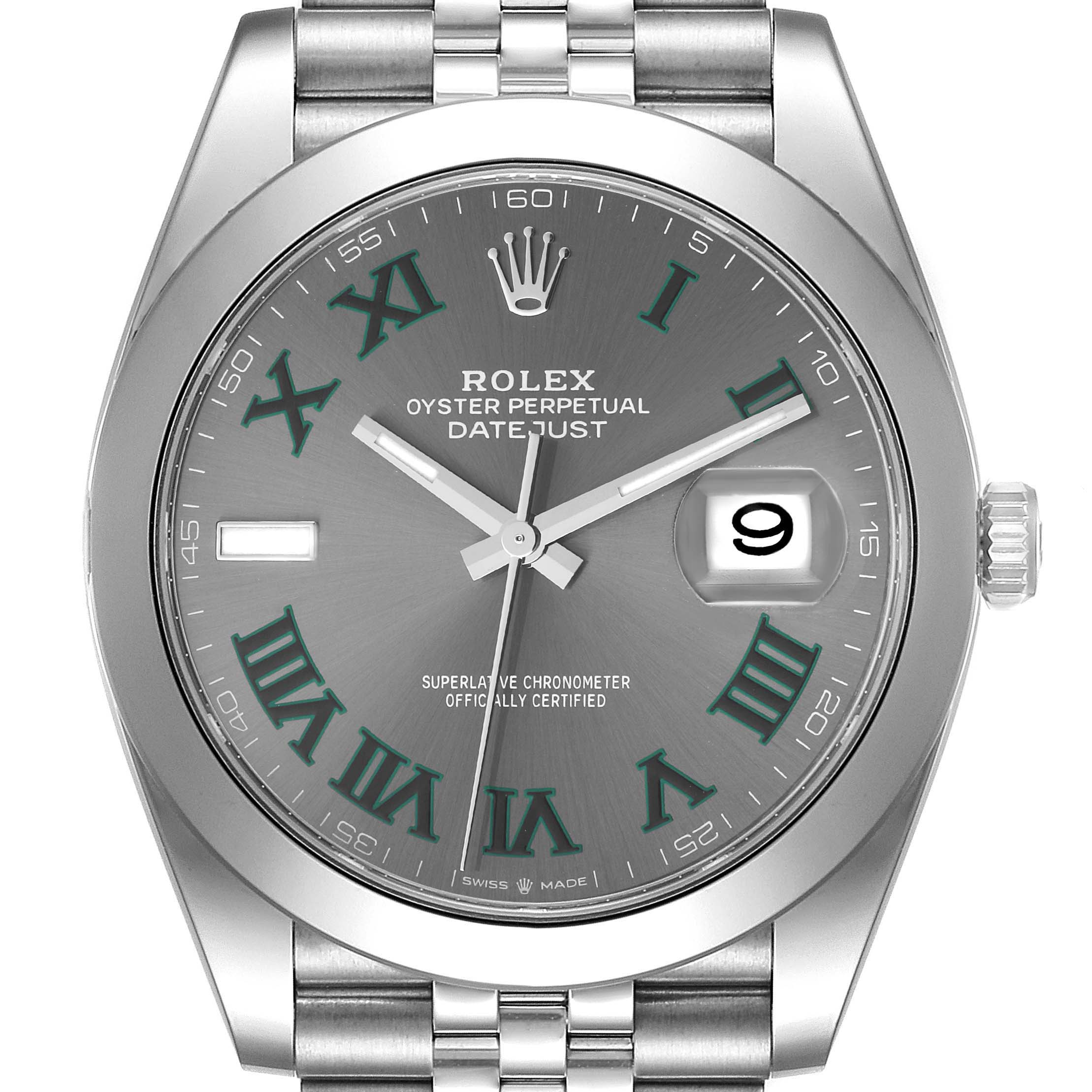 The image shows a front view of the Rolex Datejust 41 126300 Men's Stainless Steel Grey Dial 126300 Men's Stainless Steel Grey Dial, highlighting the dial, hands, date window, and part of the bracelet.