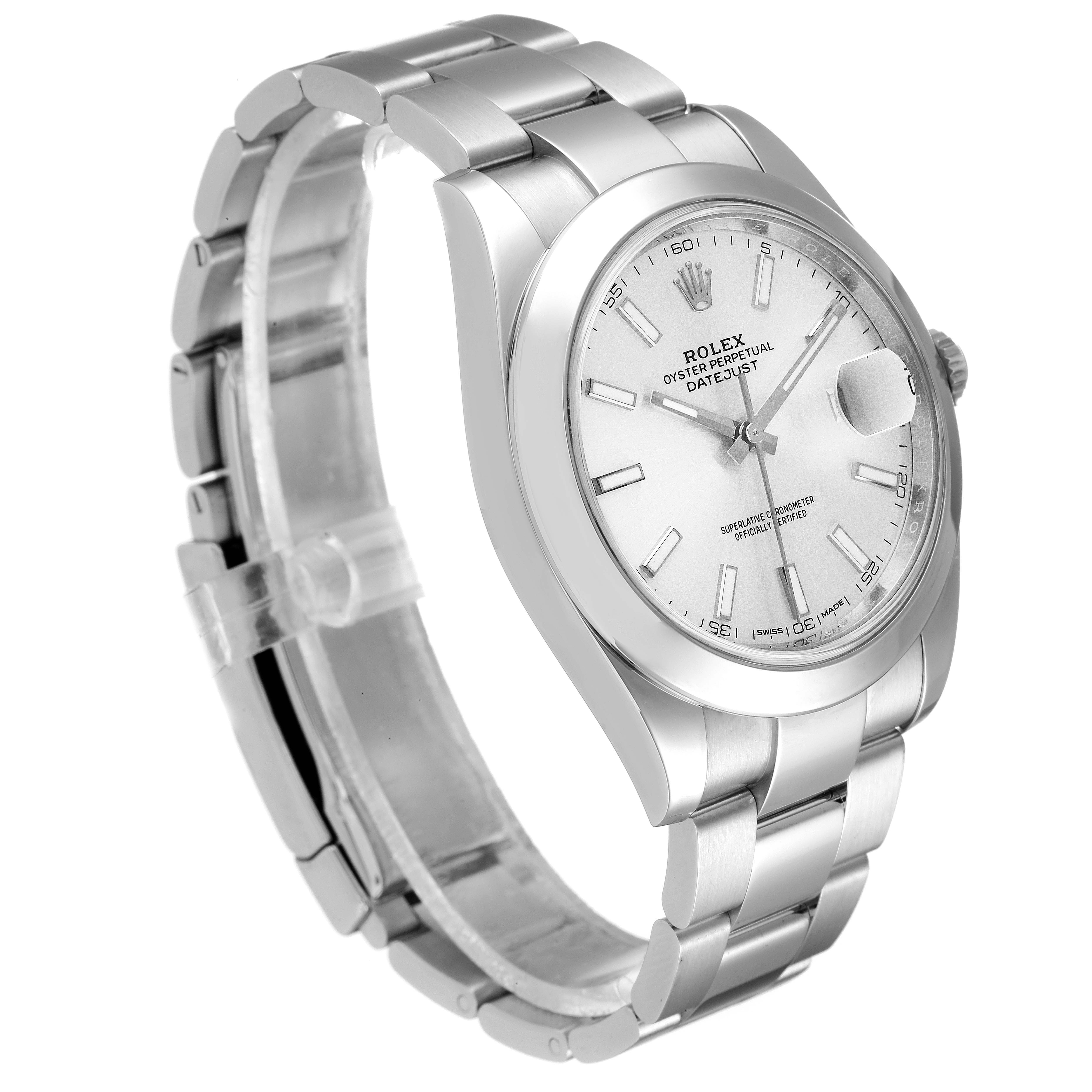 The Rolex Datejust 41 126300 Men
s Stainless Steel Silver Dial 126300 Men
s Stainless Steel Silver Dial watch is shown from an angled front view, highlighting the dial, case, and part of the bracelet.