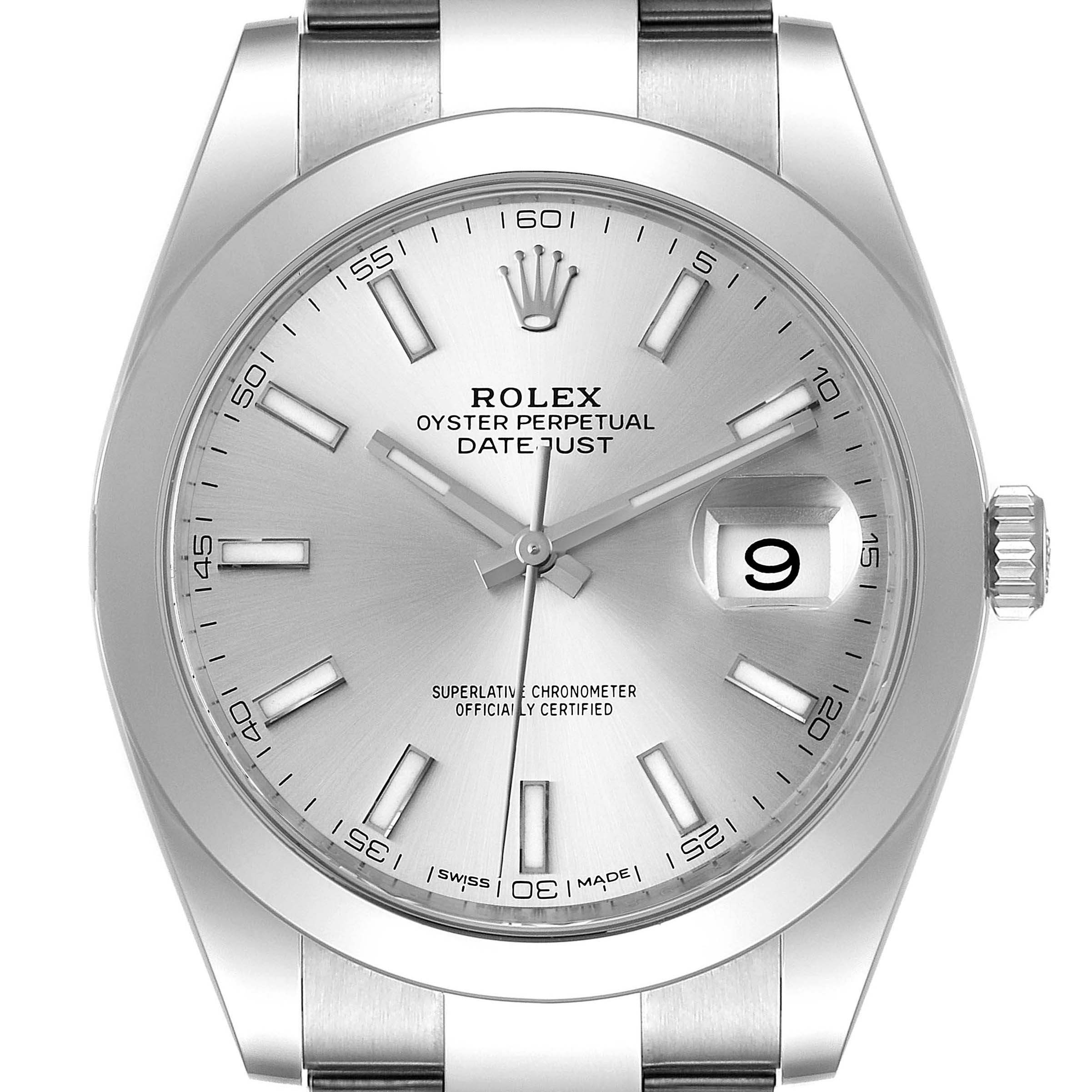 This image shows a close-up view of the Rolex Datejust 41 126300 Men
s Stainless Steel Silver Dial 126300 Men
s Stainless Steel Silver Dial watch, highlighting its face, hour markers, hands, and date window.