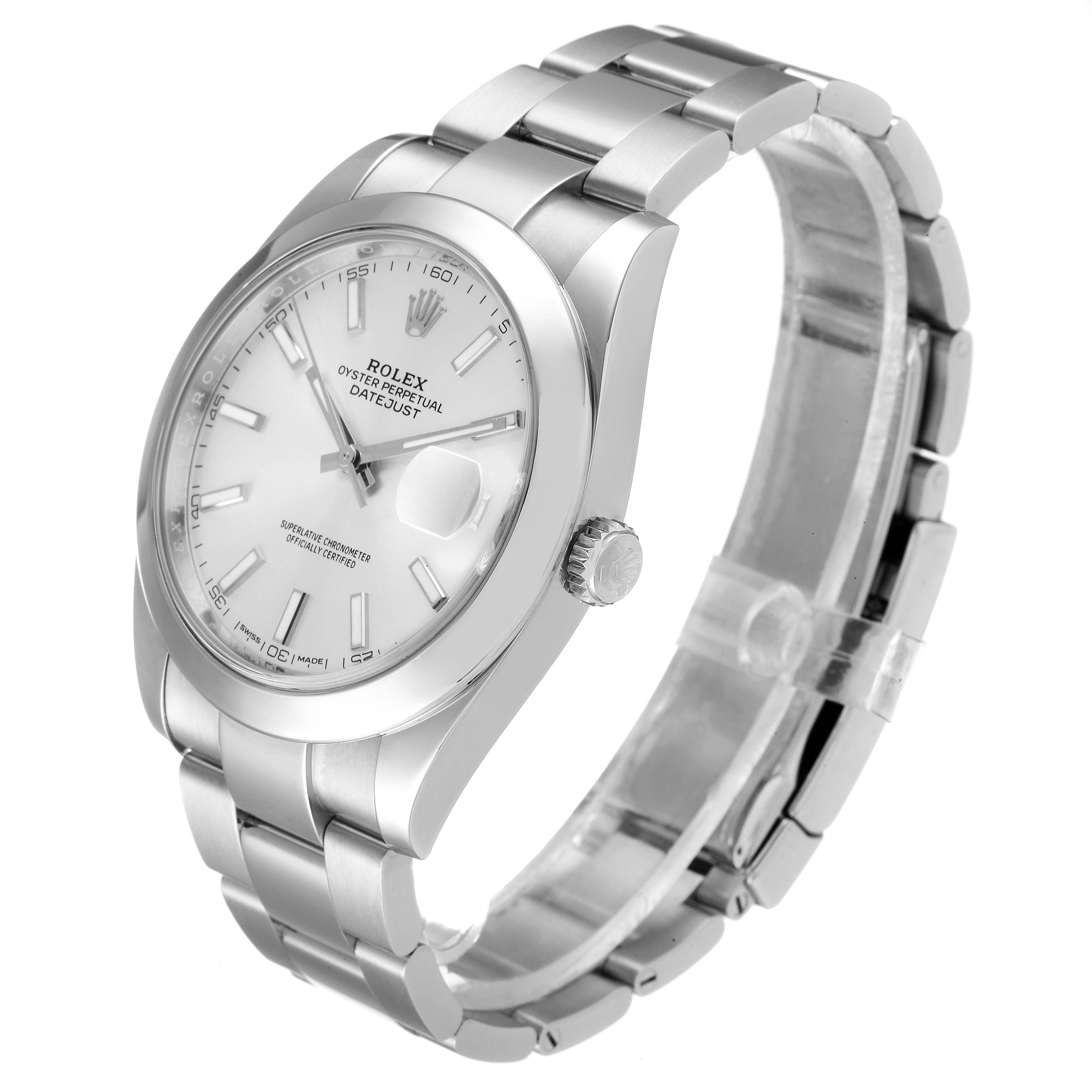 The image shows a Rolex Datejust 41 126300 Men
s Stainless Steel Silver Dial 126300 Men
s Stainless Steel Silver Dial model watch captured from an angled side view, highlighting the face, crown, and part of the bracelet.