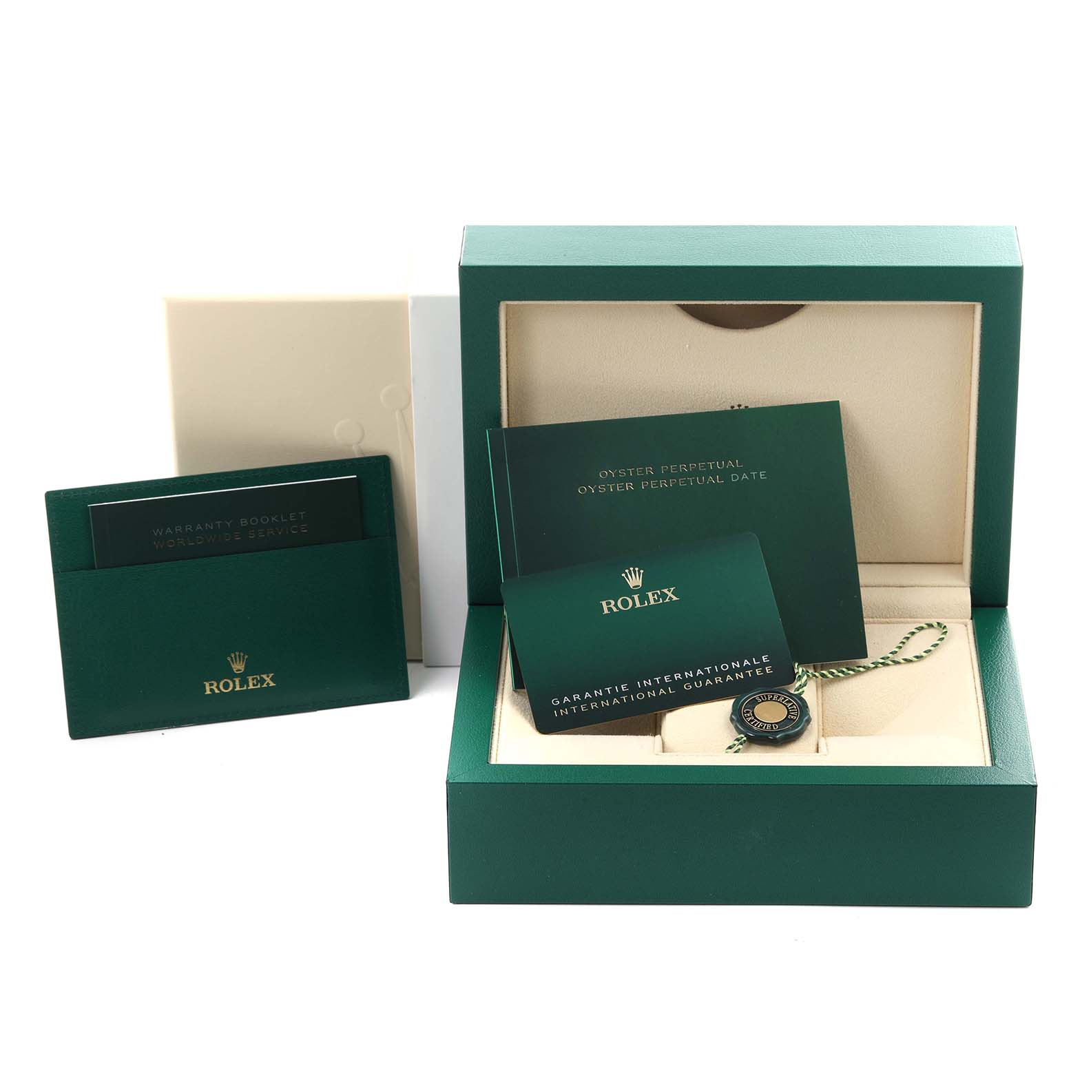 The image shows a Rolex Datejust 126300 Men
s Stainless Steel Silver Dial 126300 Men
s Stainless Steel Silver Dial box, warranty cards, and accessories at an angle highlighting the packaging and documents.