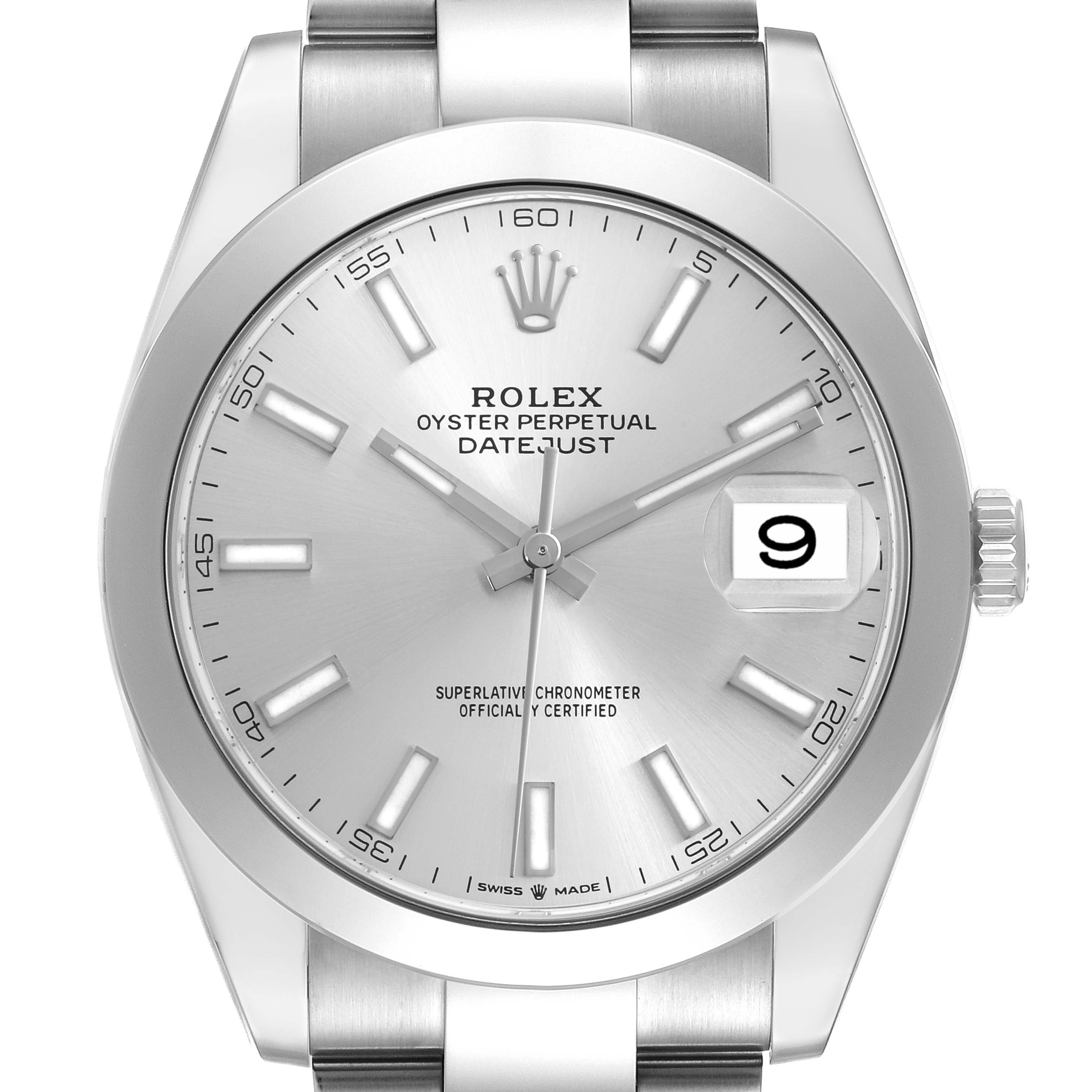 The Rolex Datejust 126300 Men
s Stainless Steel Silver Dial 126300 Men
s Stainless Steel Silver Dial watch is shown from the front, highlighting the dial, bezel, and part of the bracelet.