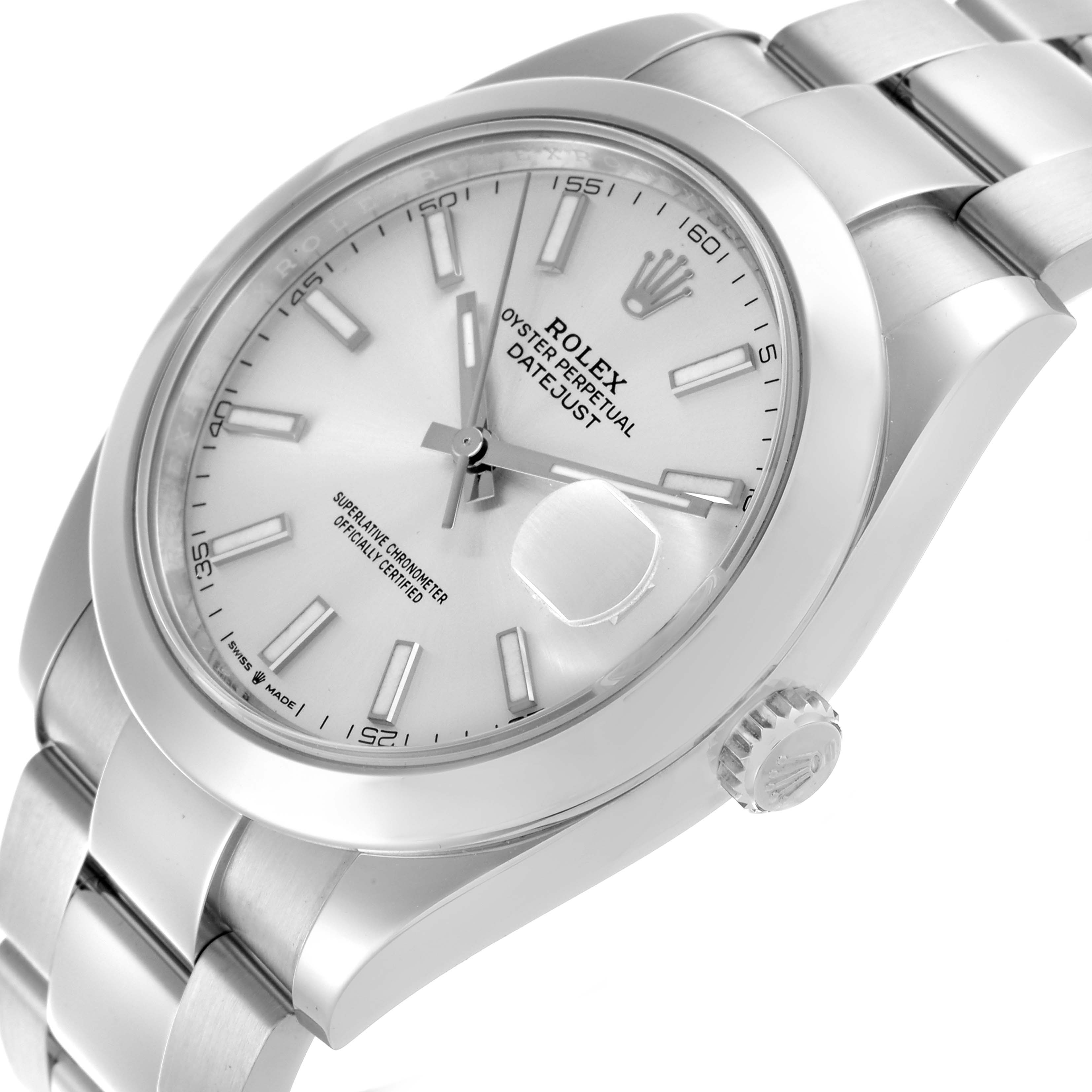 The image shows a Rolex Datejust 126300 Men
s Stainless Steel Silver Dial 126300 Men
s Stainless Steel Silver Dial watch at an angled view, highlighting the dial, bracelet, and crown.