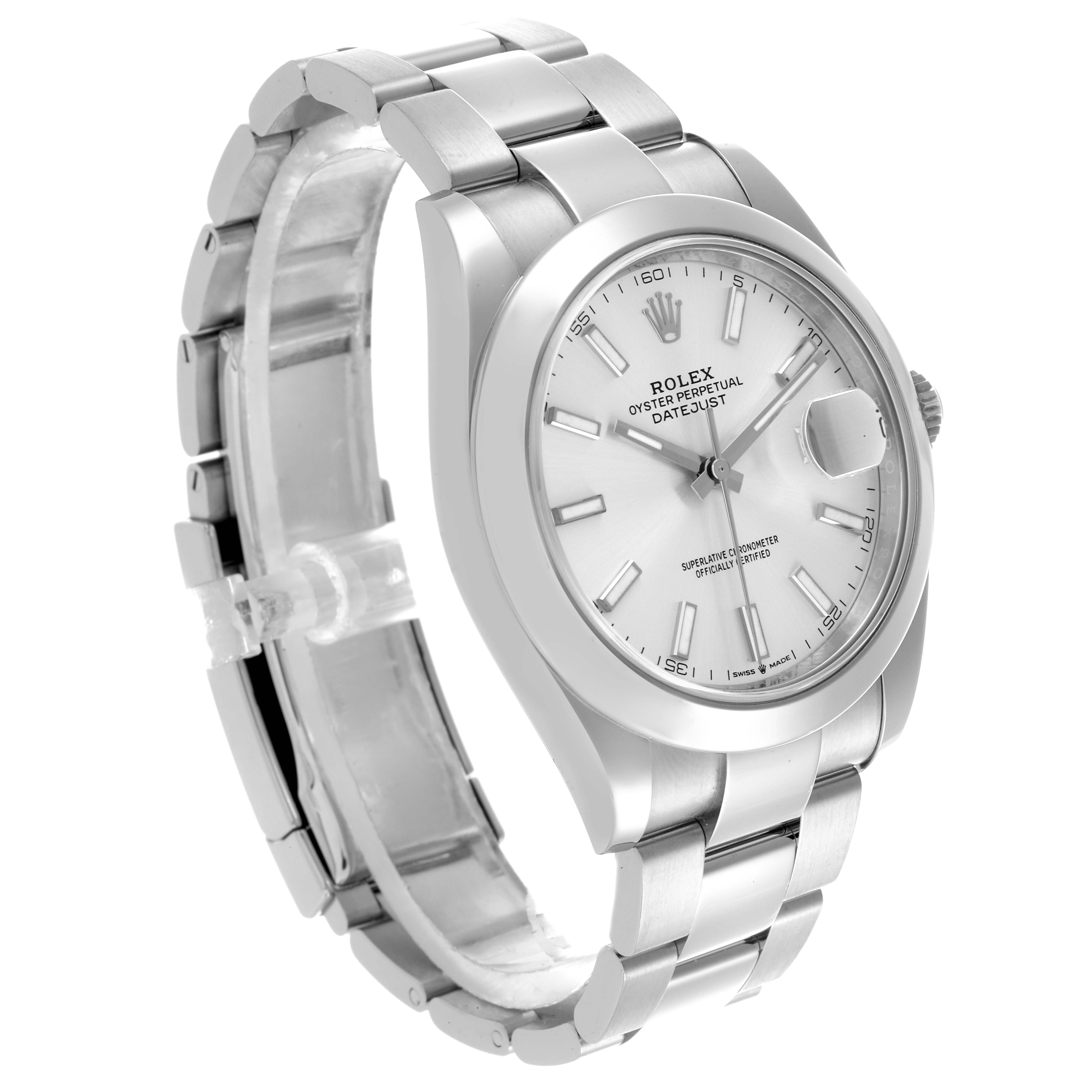The Rolex Datejust 126300 Men
s Stainless Steel Silver Dial 126300 Men
s Stainless Steel Silver Dial watch is shown at a three-quarter angle, highlighting the face, bracelet, and bezel.