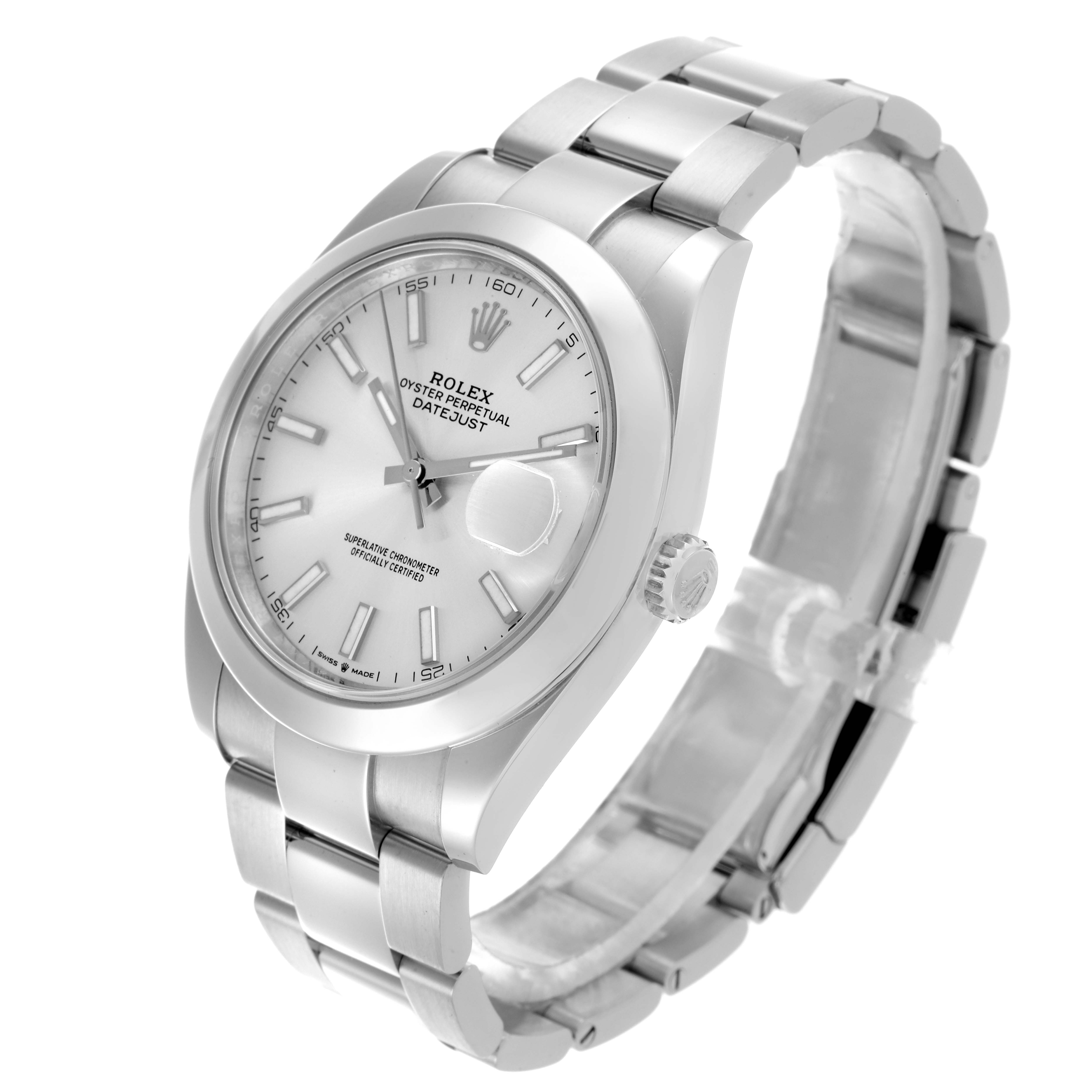 The Rolex Datejust 126300 Men
s Stainless Steel Silver Dial 126300 Men
s Stainless Steel Silver Dial watch is shown at a three-quarter angle, highlighting the face, bezel, and bracelet.