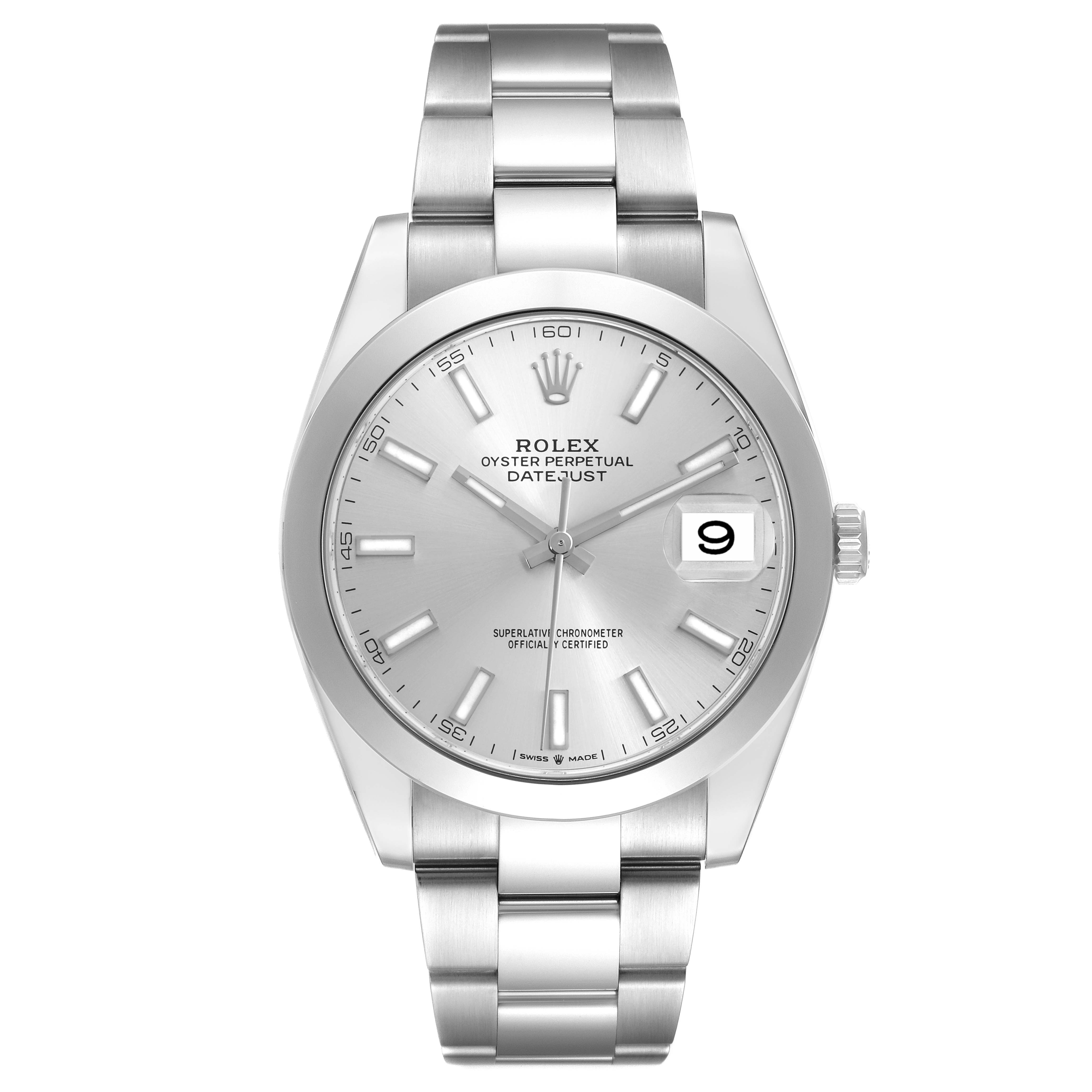 The Rolex Datejust 126300 Men
s Stainless Steel Silver Dial 126300 Men
s Stainless Steel Silver Dial watch is shown from a front view, highlighting the silver dial, date window, and stainless steel bracelet.