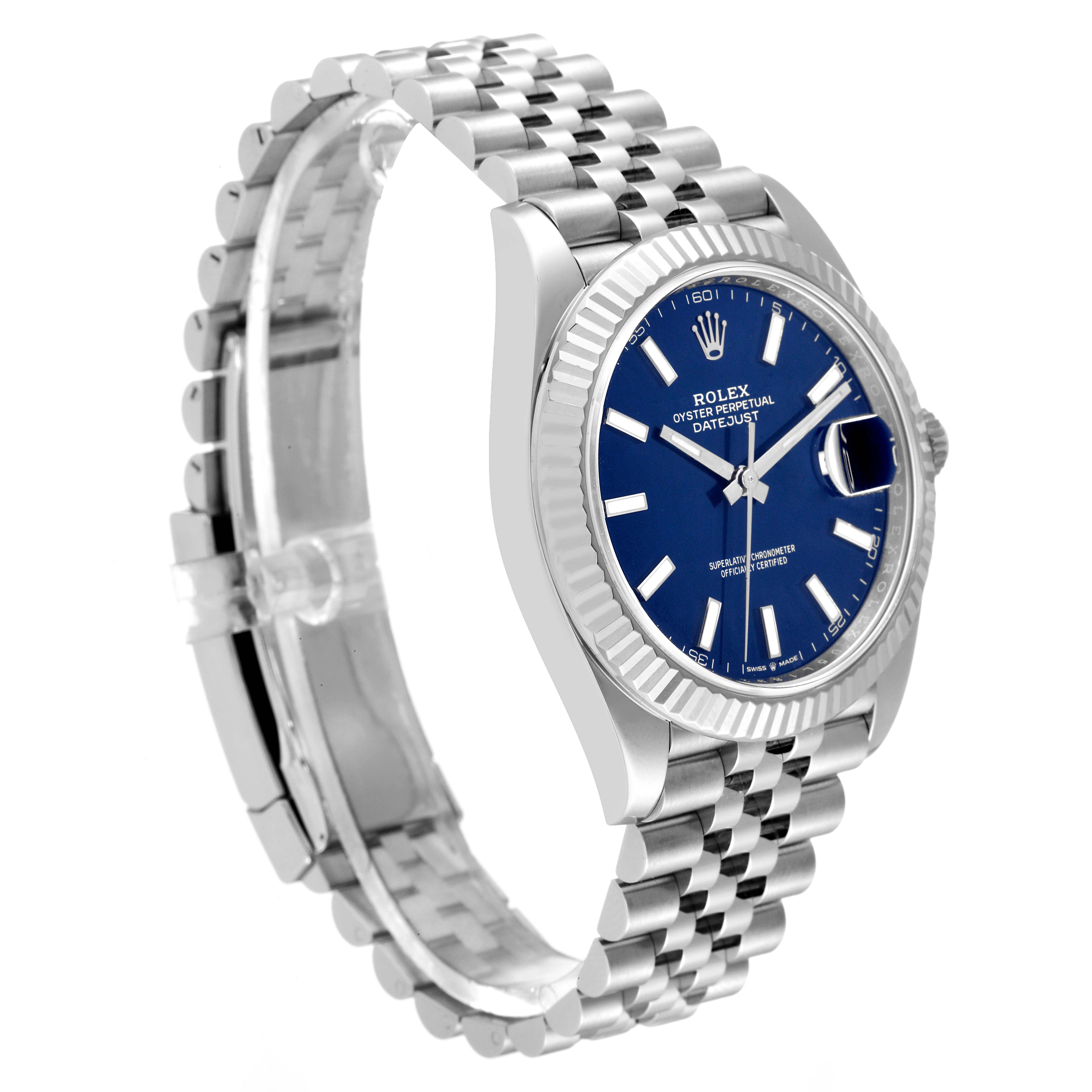 The Rolex Datejust 41 126334 Men's Stainless Steel Blue Dial 126334 Men's Stainless Steel Blue Dial watch is shown at a side angle, displaying the bracelet, case, and blue dial.