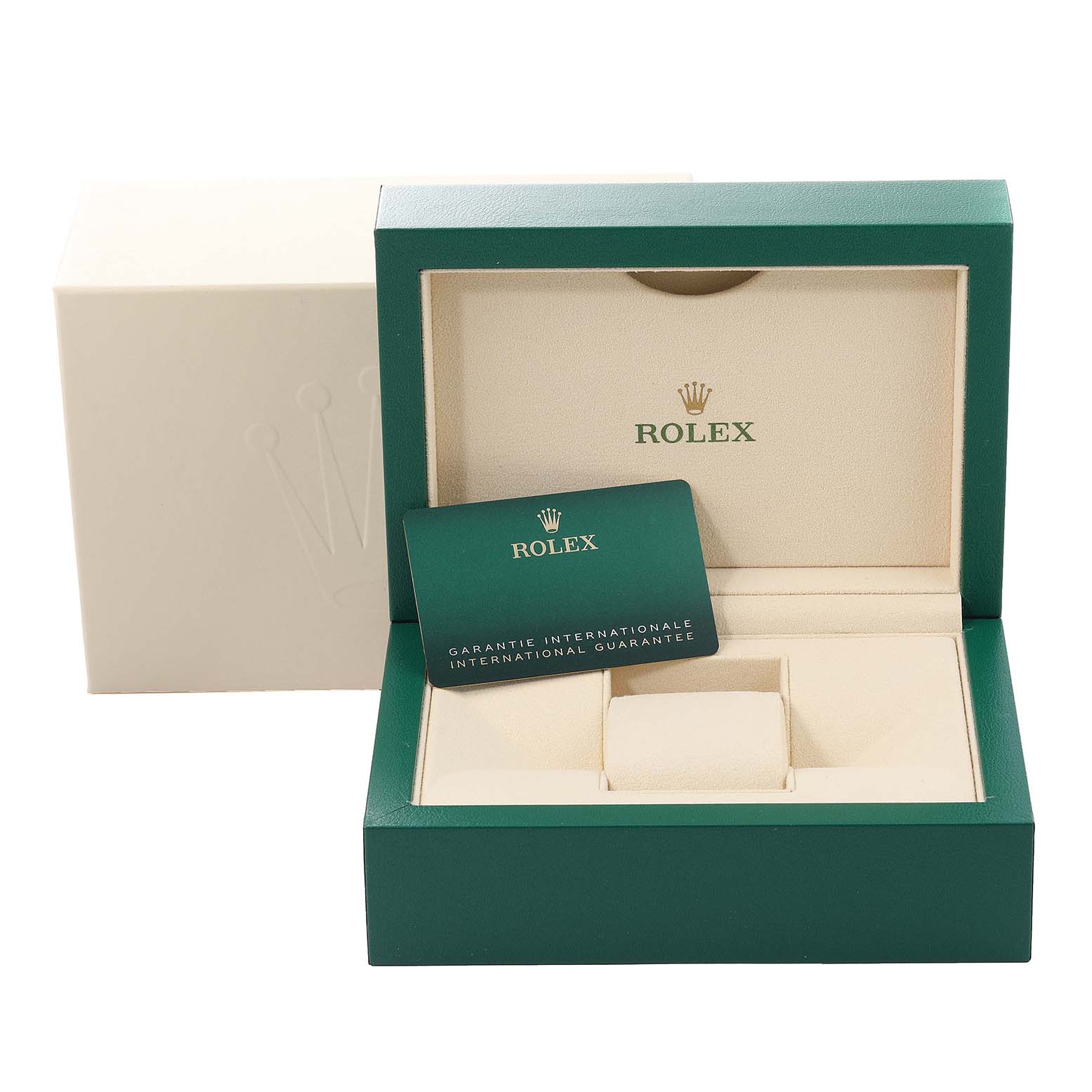 This image shows the open box and international guarantee card for a Rolex Datejust 41 126334 Men's Stainless Steel Blue Dial 126334 Men's Stainless Steel Blue Dial model.
