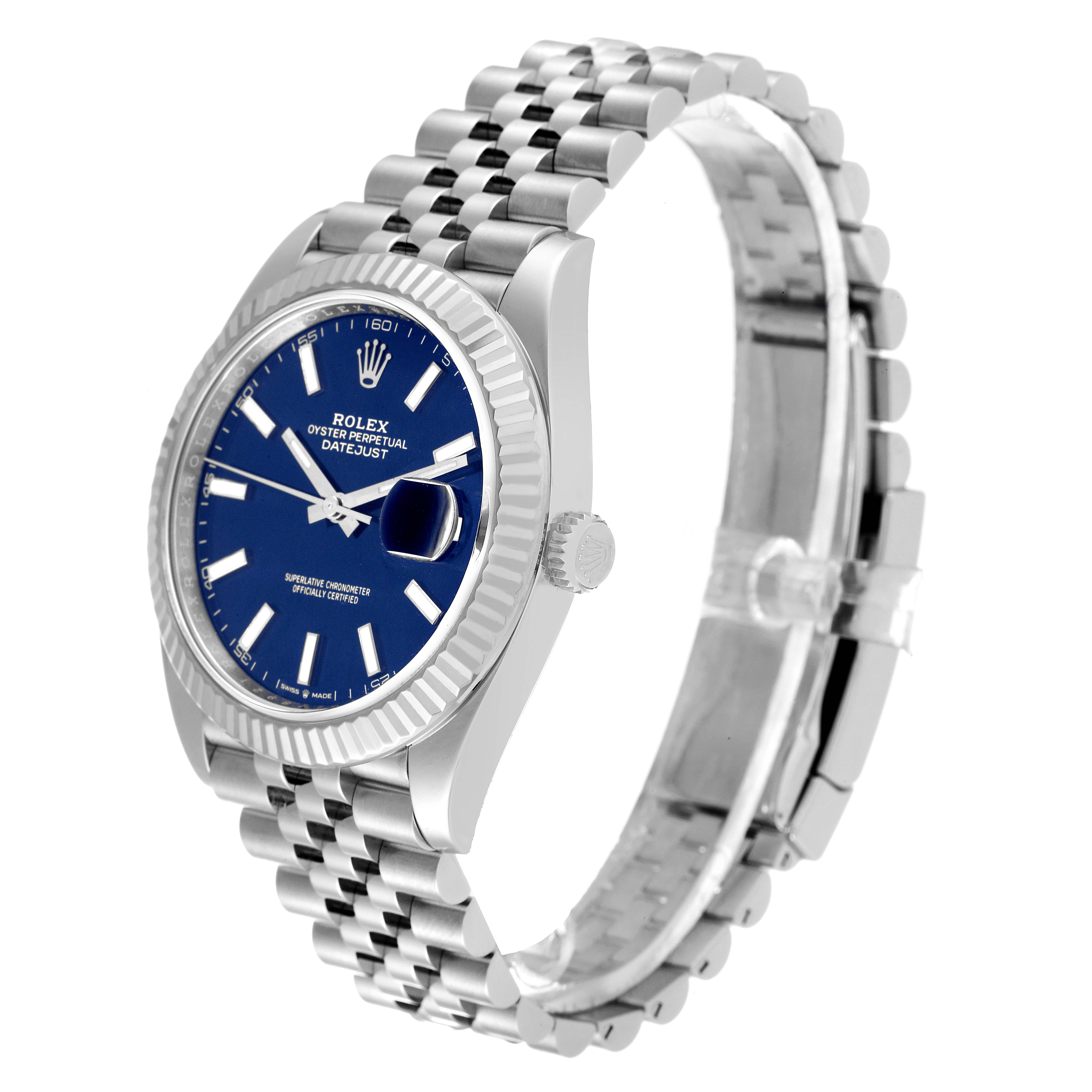 The image shows a side angle of the Rolex Datejust 41 126334 Men's Stainless Steel Blue Dial 126334 Men's Stainless Steel Blue Dial watch, highlighting its blue dial, fluted bezel, and Jubilee bracelet.