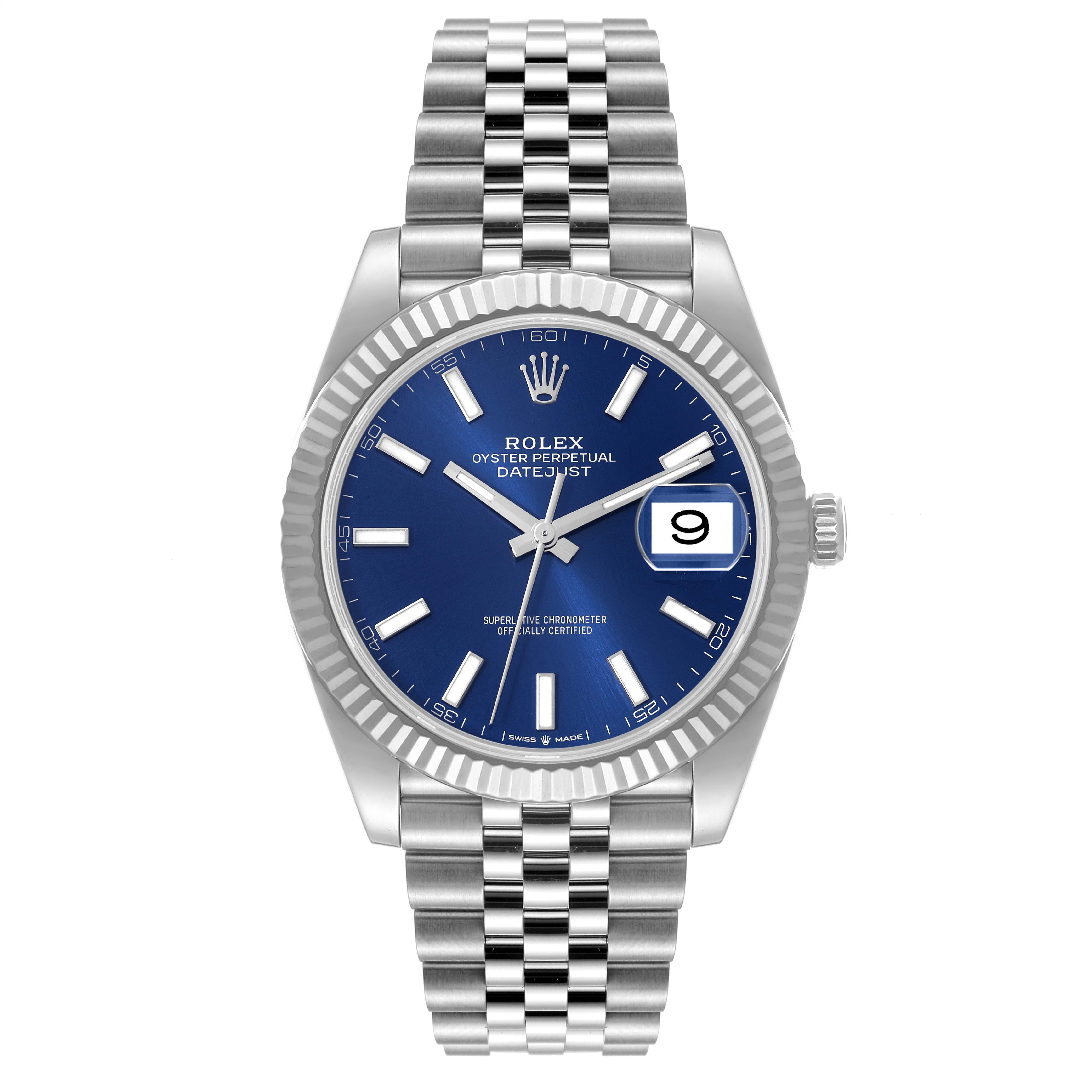 The image shows a front view of a Rolex Datejust 41 126334 Men's Stainless Steel Blue Dial 126334 Men's Stainless Steel Blue Dial watch, including the face, bezel, crown, and bracelet.