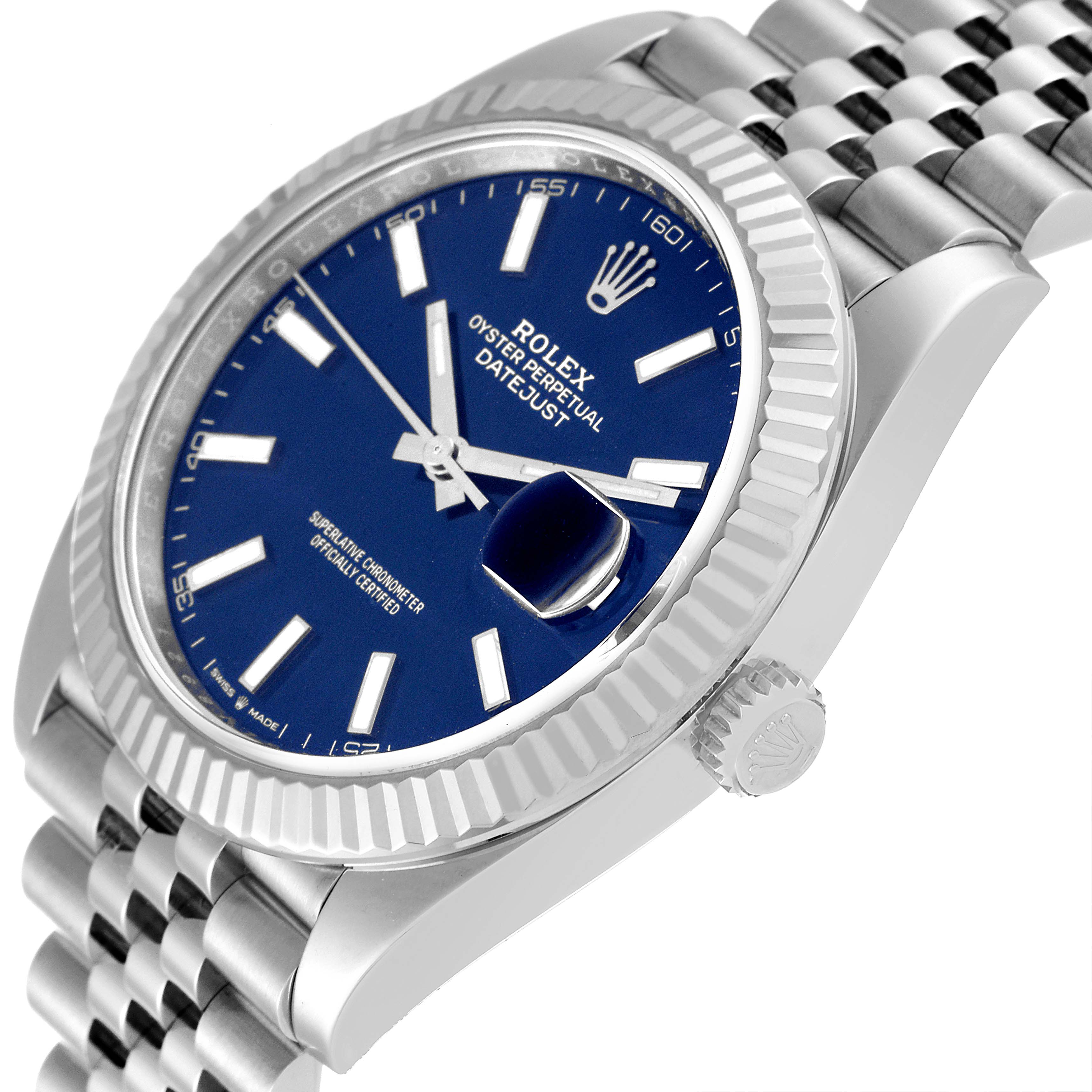 The image shows a close-up angled view of a Rolex Datejust 41 126334 Men's Stainless Steel Blue Dial 126334 Men's Stainless Steel Blue Dial watch, highlighting its blue dial, fluted bezel, and jubilee bracelet.