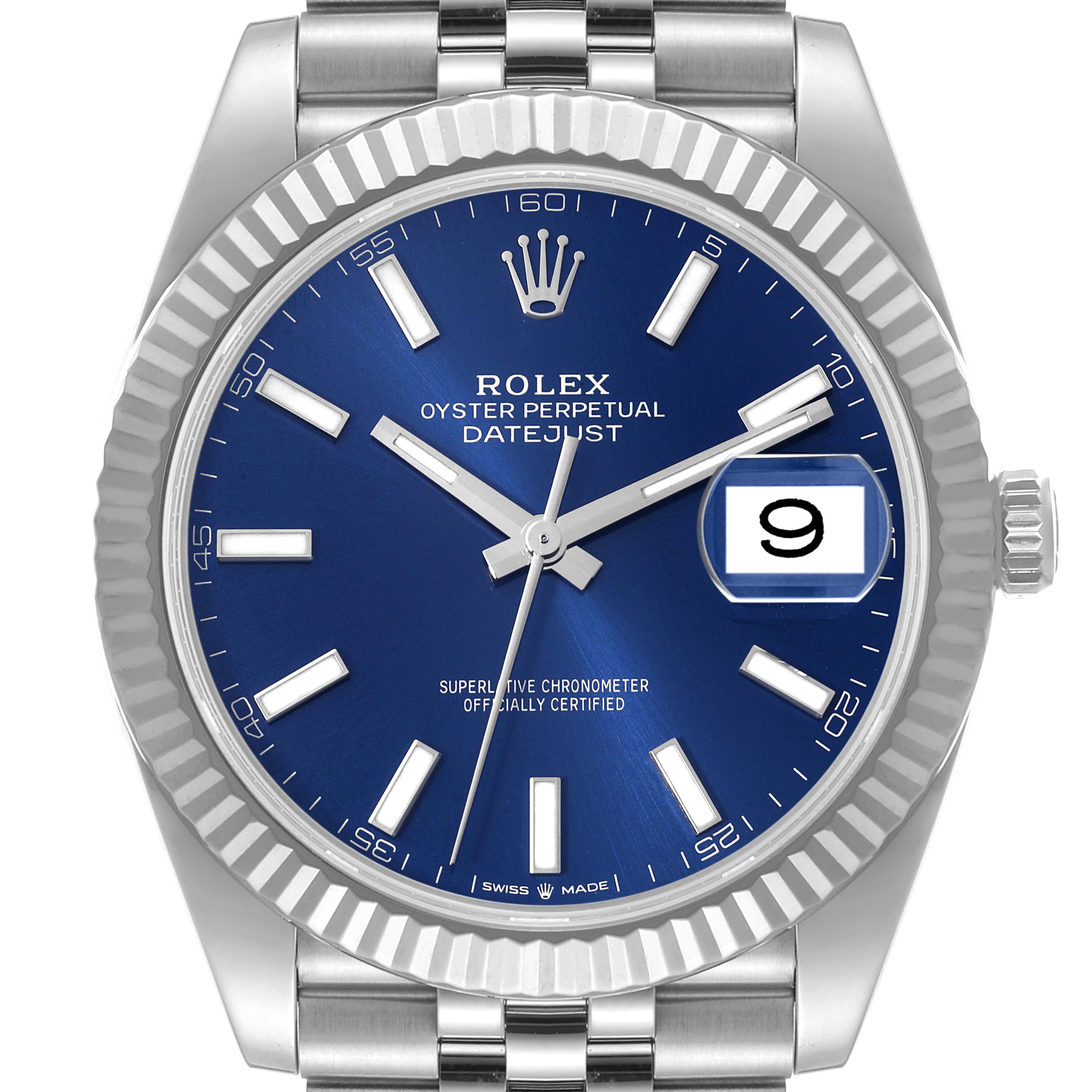 This image shows a front view of the Rolex Datejust 41 126334 Men's Stainless Steel Blue Dial 126334 Men's Stainless Steel Blue Dial watch, featuring its blue dial, date aperture, and stainless steel bracelet.