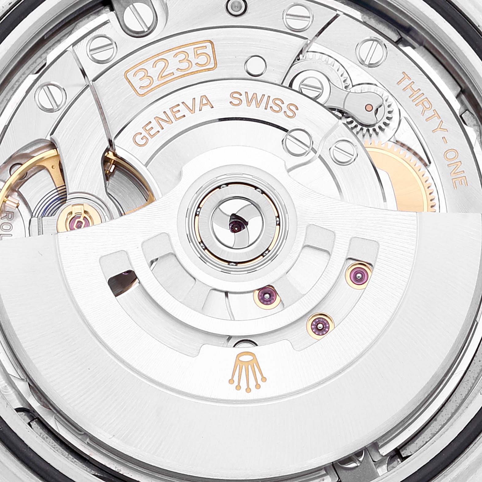 The image shows a close-up view of the movement inside the Rolex Datejust 41 126334 Men's Stainless Steel Blue Dial 126334 Men's Stainless Steel Blue Dial watch, highlighting the 3235 movement components.