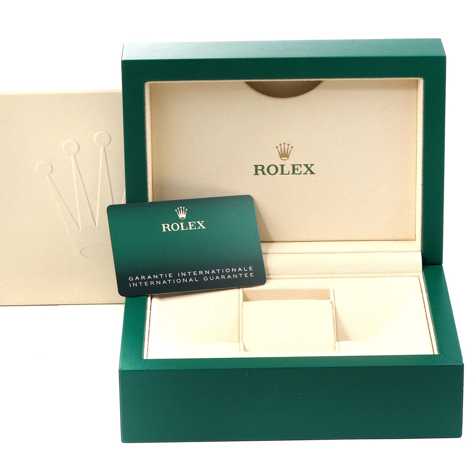 The image shows the open box and warranty card for a Rolex Datejust 41 126334 Men
s Stainless Steel Black Dial 126334 Men
s Stainless Steel Black Dial watch, highlighting the interior and logo.