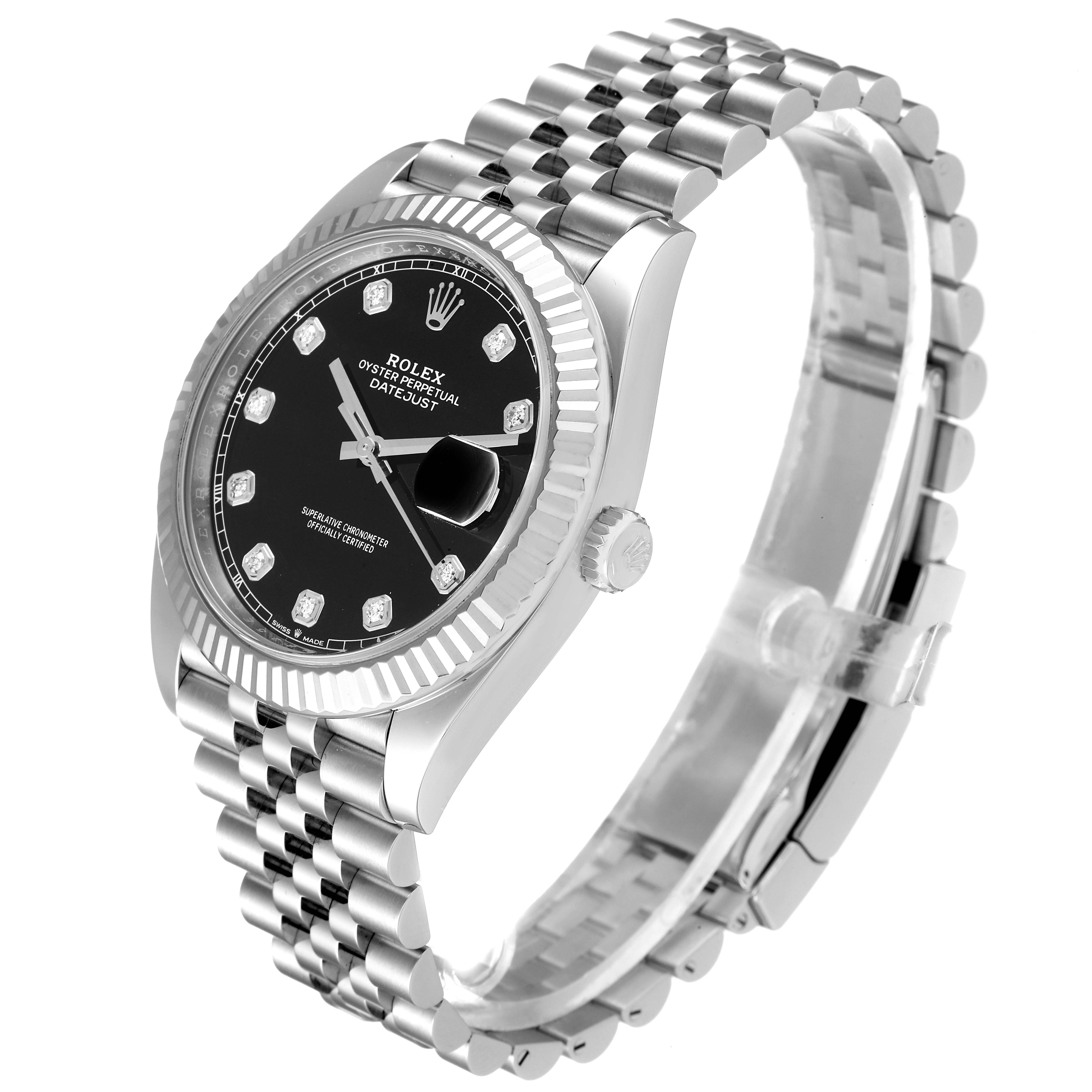 The image shows a Rolex Datejust 41 126334 Men
s Stainless Steel Black Dial 126334 Men
s Stainless Steel Black Dial model at a slight side angle, showcasing its black dial, fluted bezel, and jubilee bracelet.