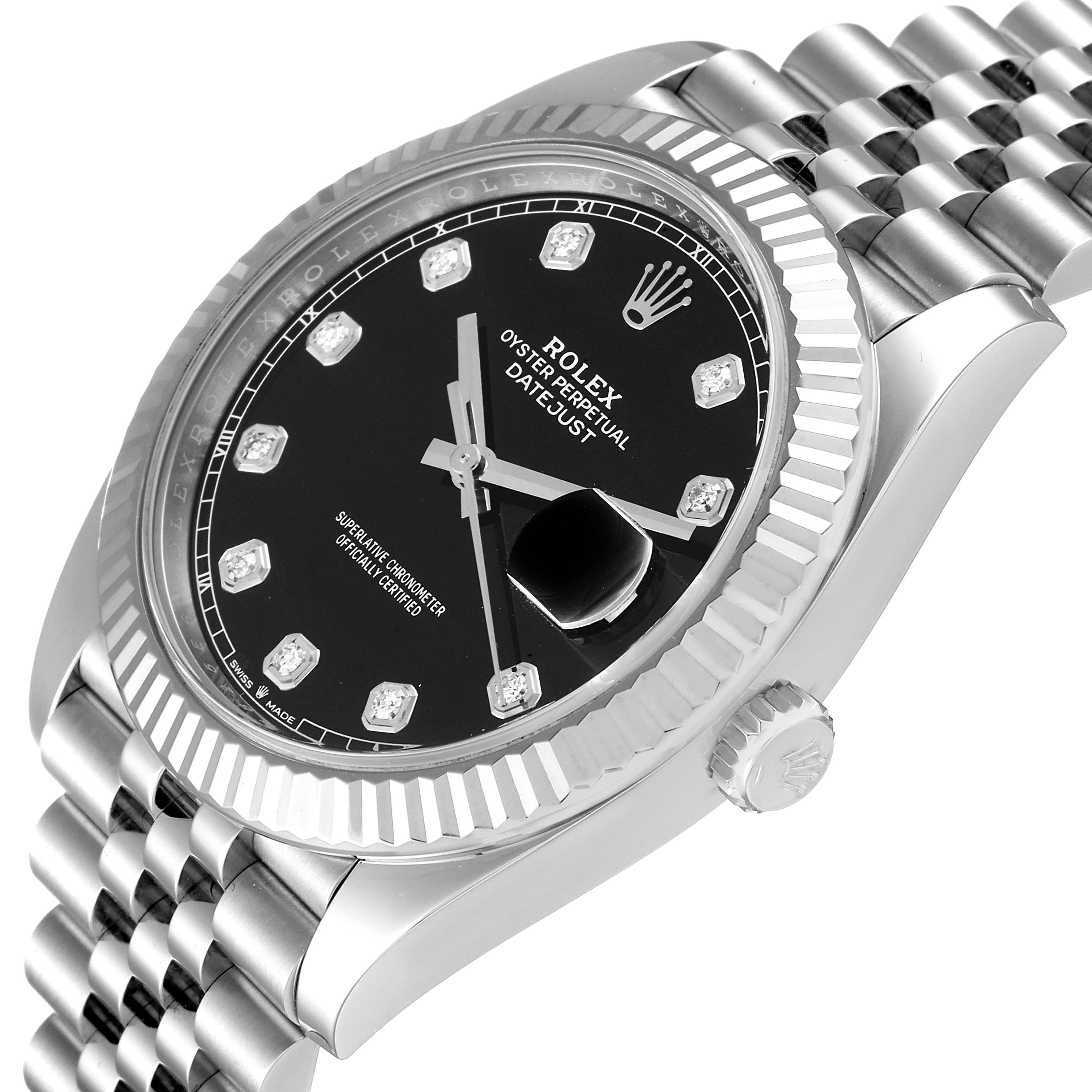 The image shows a Rolex Datejust 41 126334 Men
s Stainless Steel Black Dial 126334 Men
s Stainless Steel Black Dial watch at a slight angle, highlighting the black dial, fluted bezel, and bracelet.