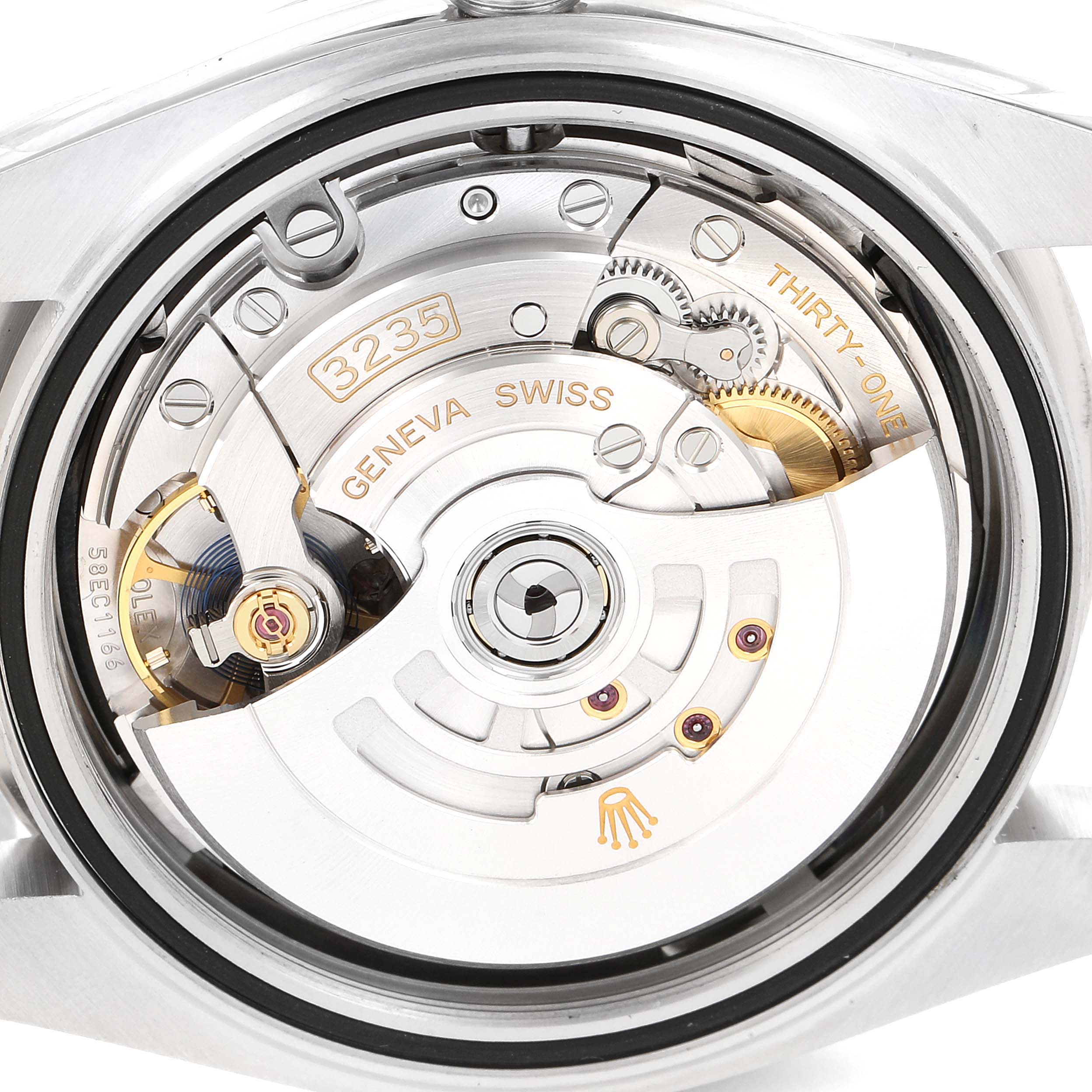 This is a close-up view of the movement mechanism of a Rolex Datejust 41 126334 Men
s Stainless Steel Black Dial 126334 Men
s Stainless Steel Black Dial, displaying the intricate inner workings and components.