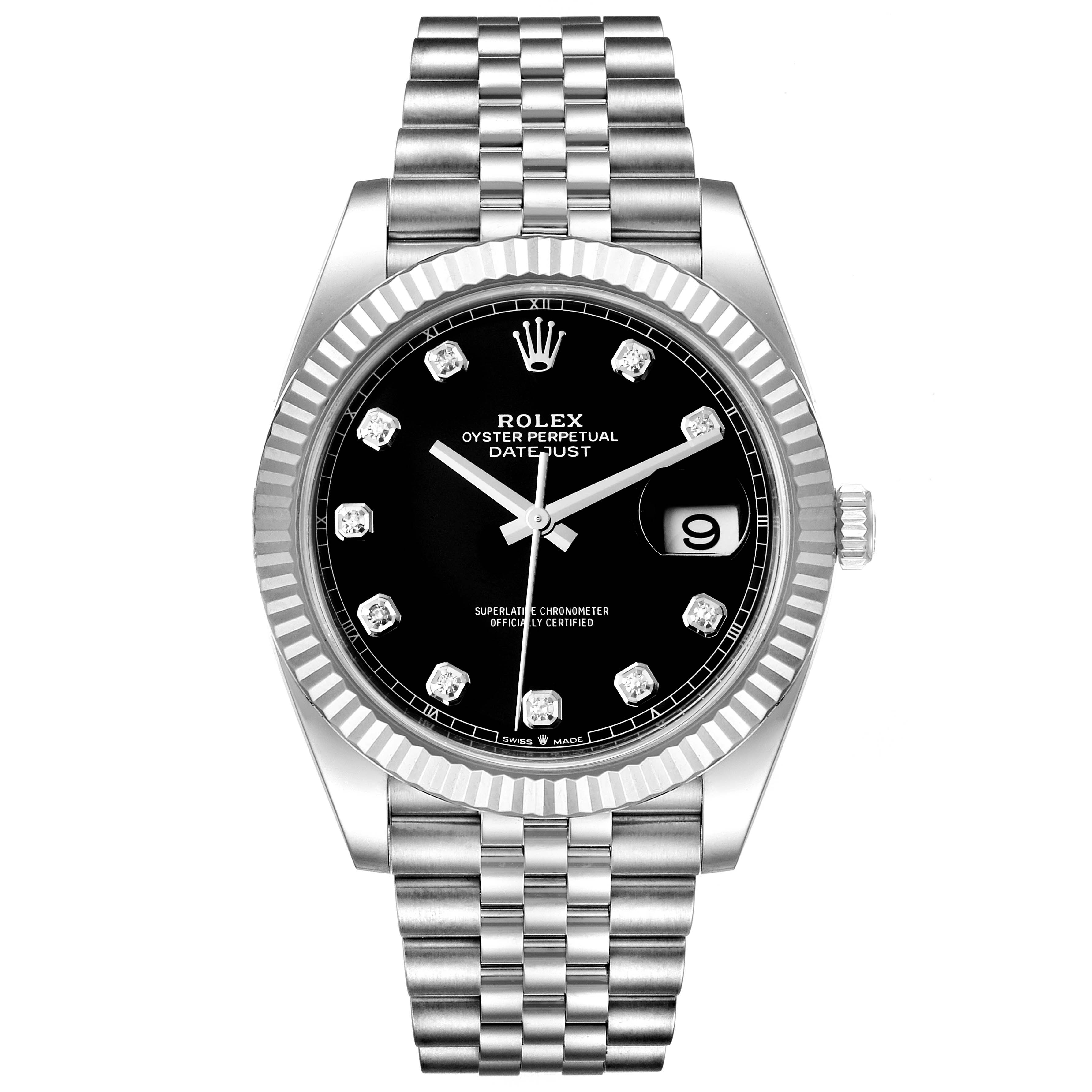 The image shows a full frontal view of a Rolex Datejust 41 126334 Men
s Stainless Steel Black Dial 126334 Men
s Stainless Steel Black Dial watch, highlighting its black dial, fluted bezel, and Jubilee bracelet.