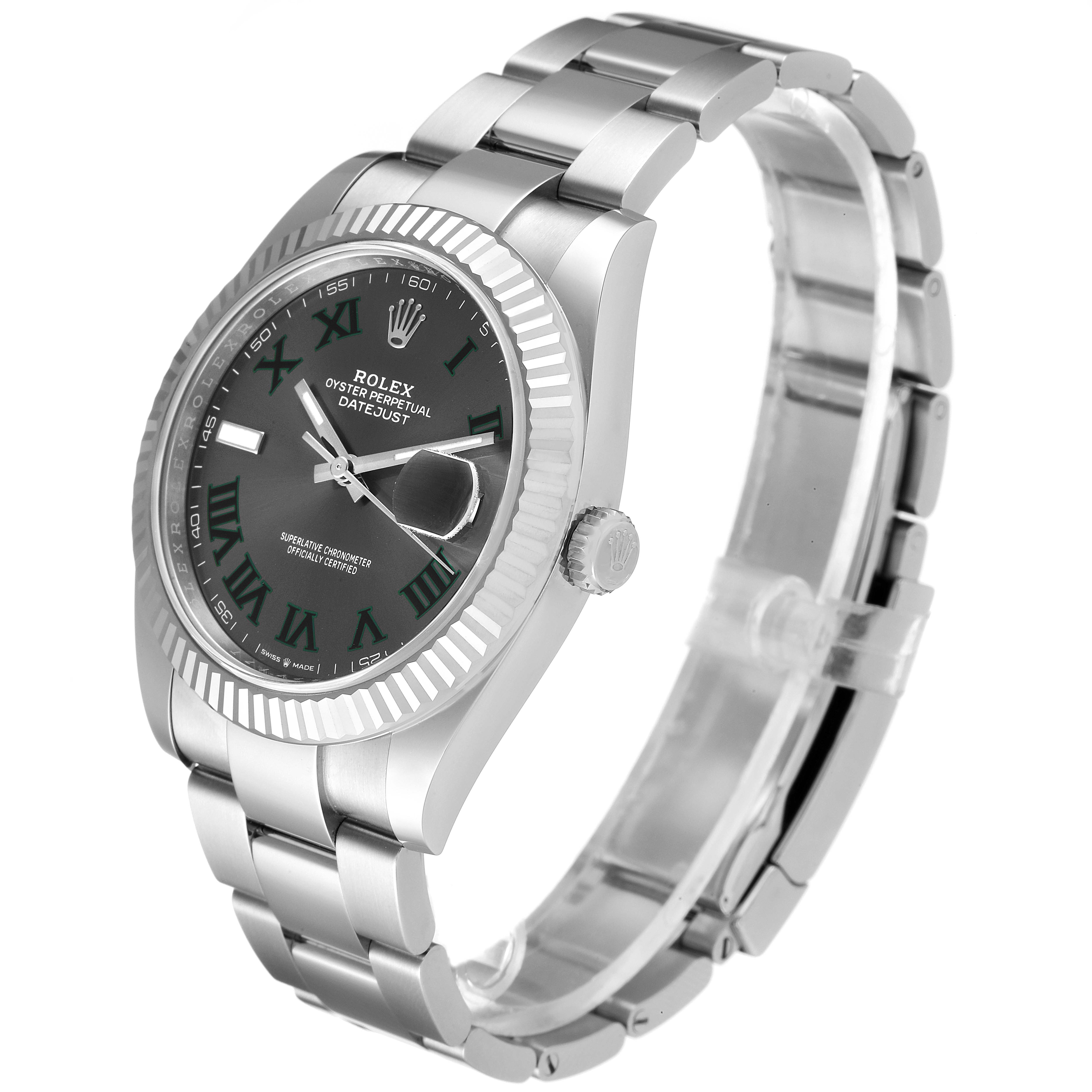 The image shows the Rolex Datejust 41 126334 Men
s Stainless Steel Grey Dial 126334 Men
s Stainless Steel Grey Dial watch from a front-angle, displaying the dial, bezel, case, and bracelet.
