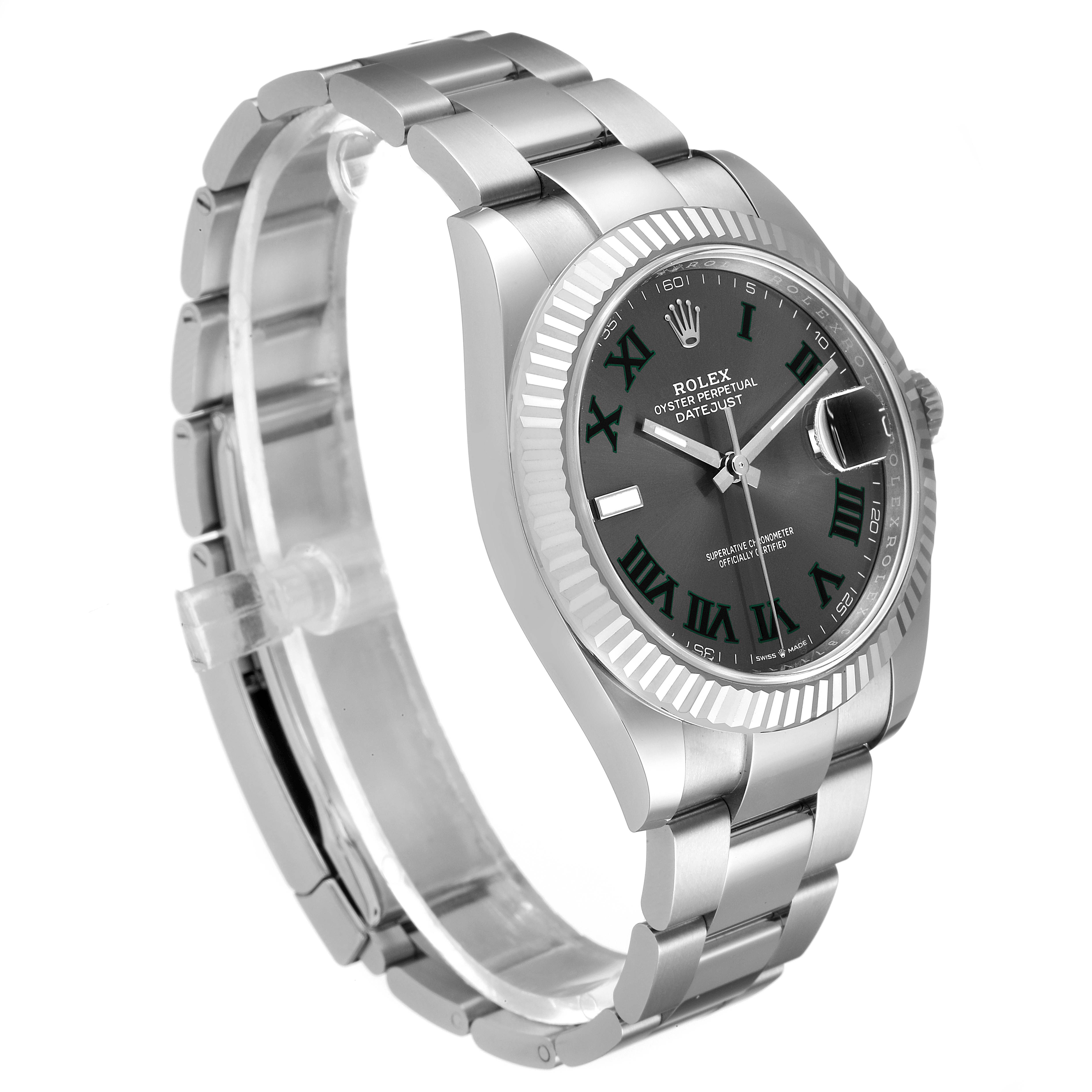 The Rolex Datejust 41 126334 Men
s Stainless Steel Grey Dial 126334 Men
s Stainless Steel Grey Dial watch is shown at a three-quarter angle, displaying its metal strap, bezel, and dial.