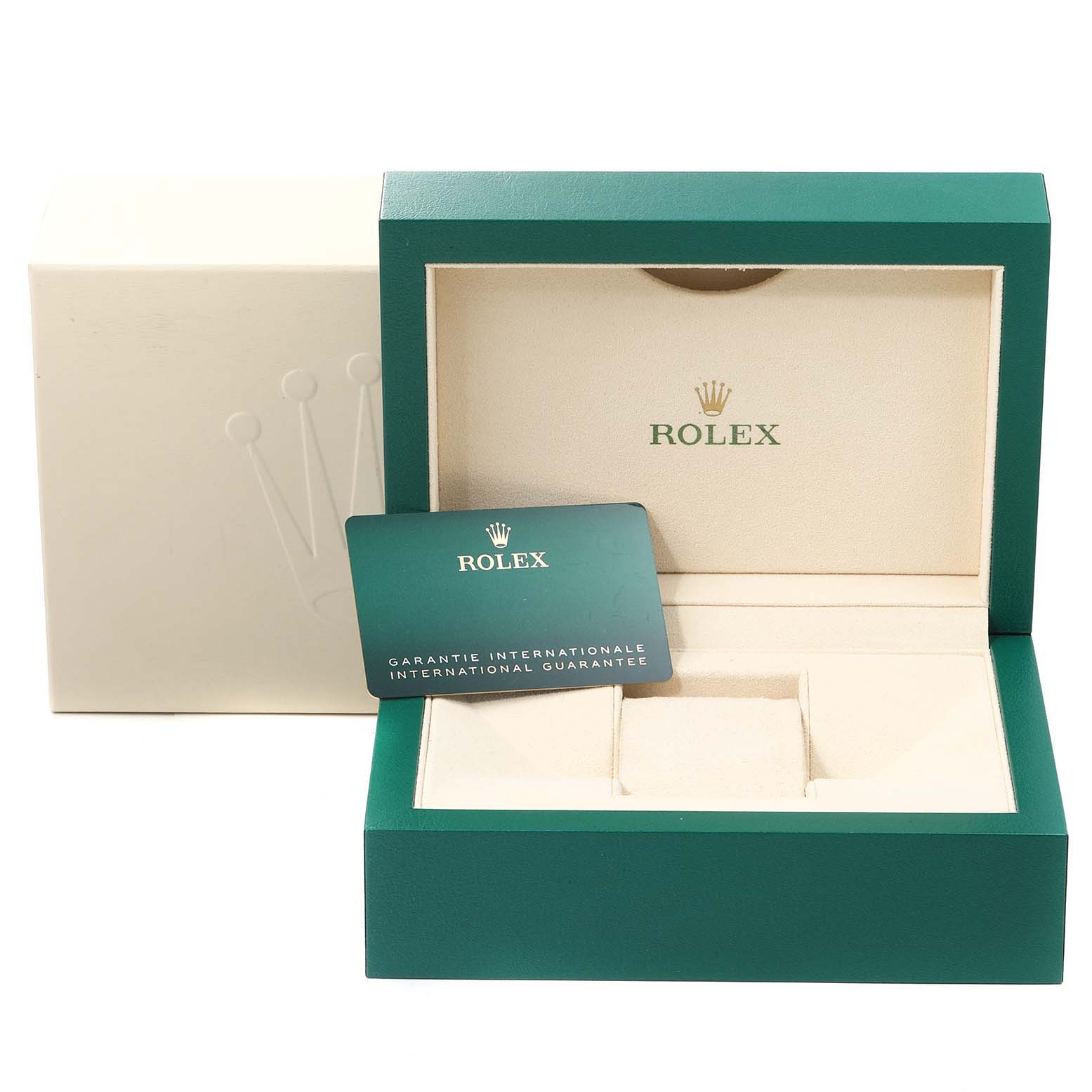 This image shows the open box and warranty card for the Rolex Datejust 41 126334 Men
s Stainless Steel Grey Dial 126334 Men
s Stainless Steel Grey Dial watch.