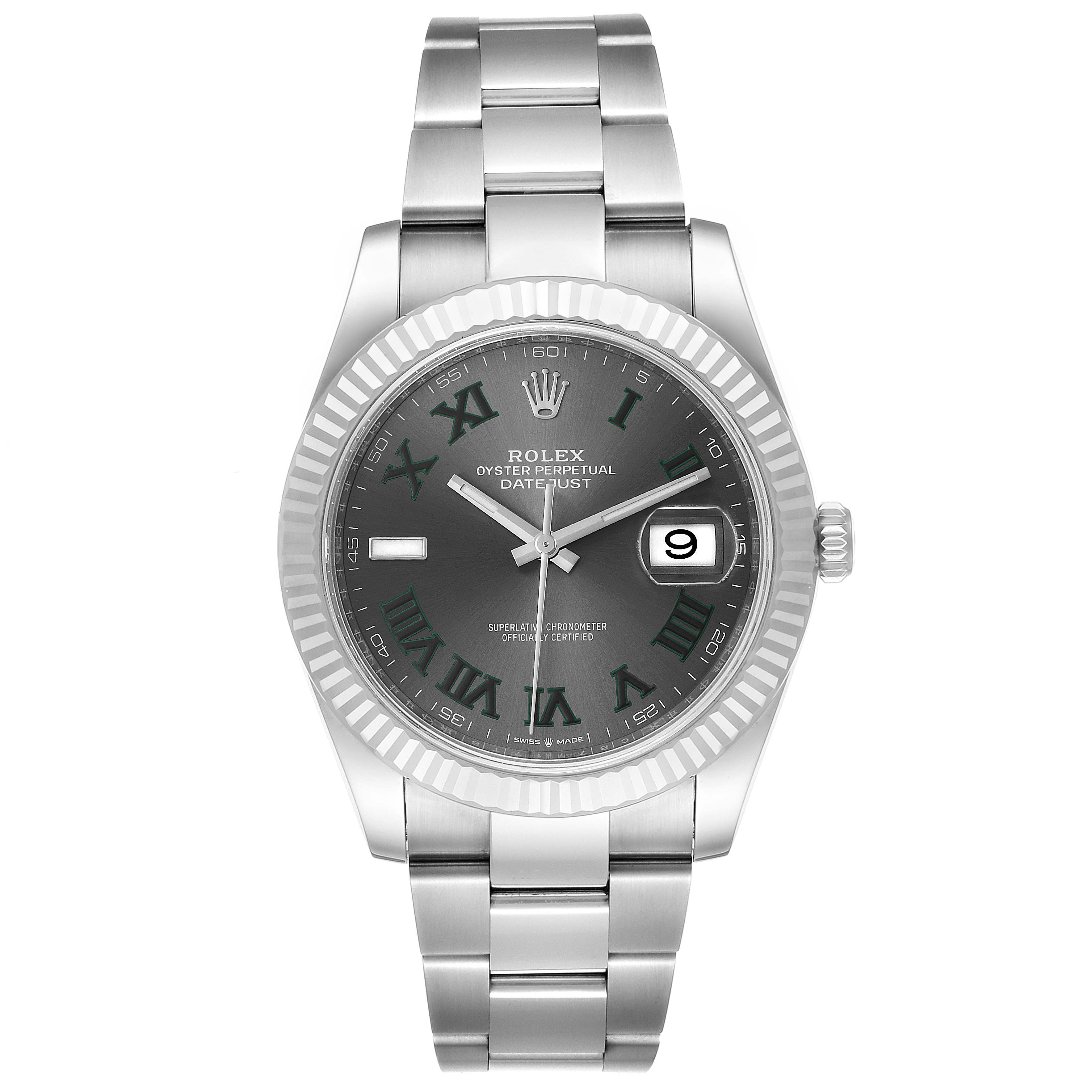 The image shows a front view of a Rolex Datejust 41 126334 Men
s Stainless Steel Grey Dial 126334 Men
s Stainless Steel Grey Dial watch, displaying the dial, hands, date window, bezel, and bracelet.