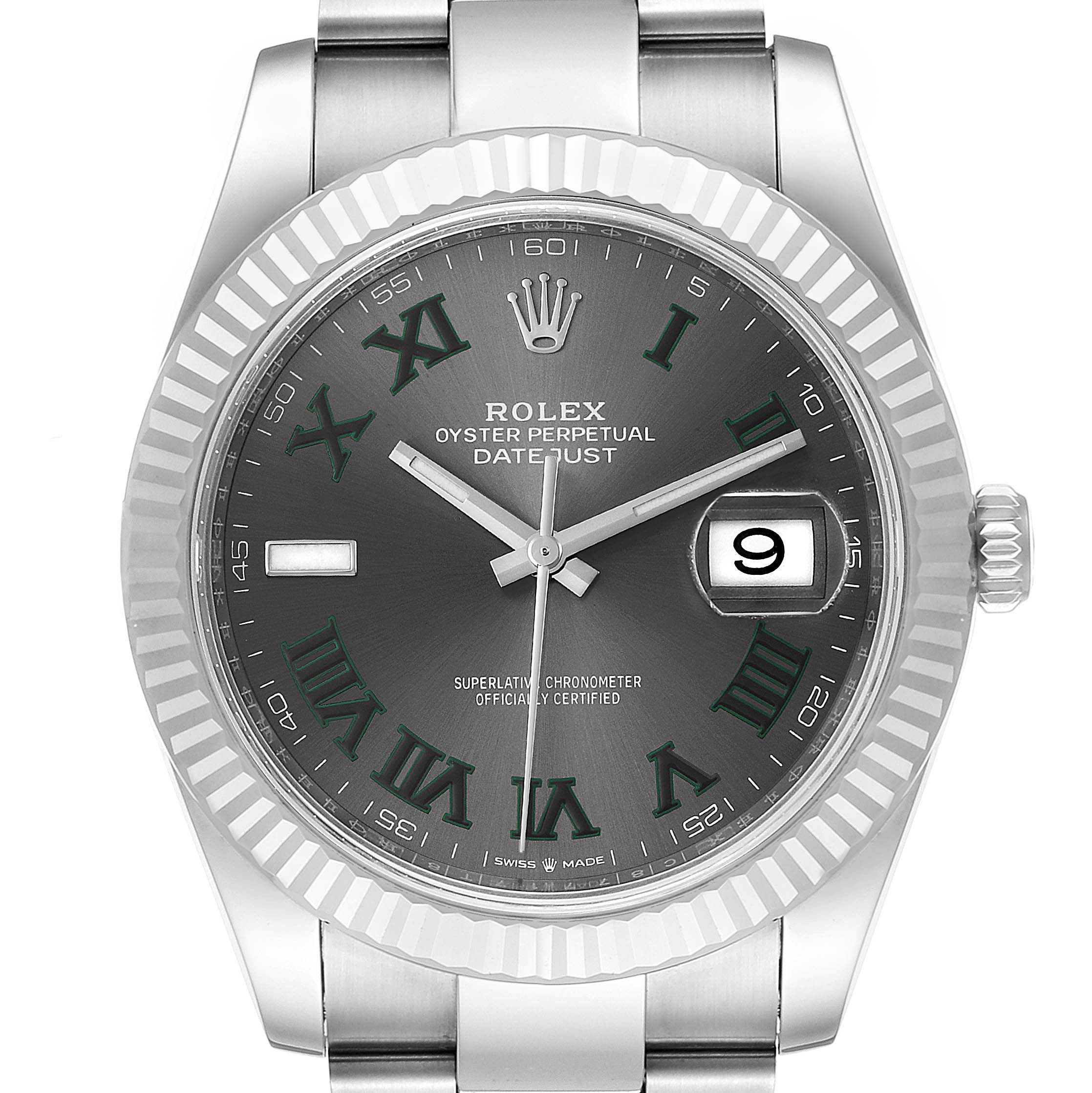 The image shows a front view of the Rolex Datejust 41 126334 Men
s Stainless Steel Grey Dial 126334 Men
s Stainless Steel Grey Dial watch, highlighting the dial, hands, bezel, and part of the bracelet.