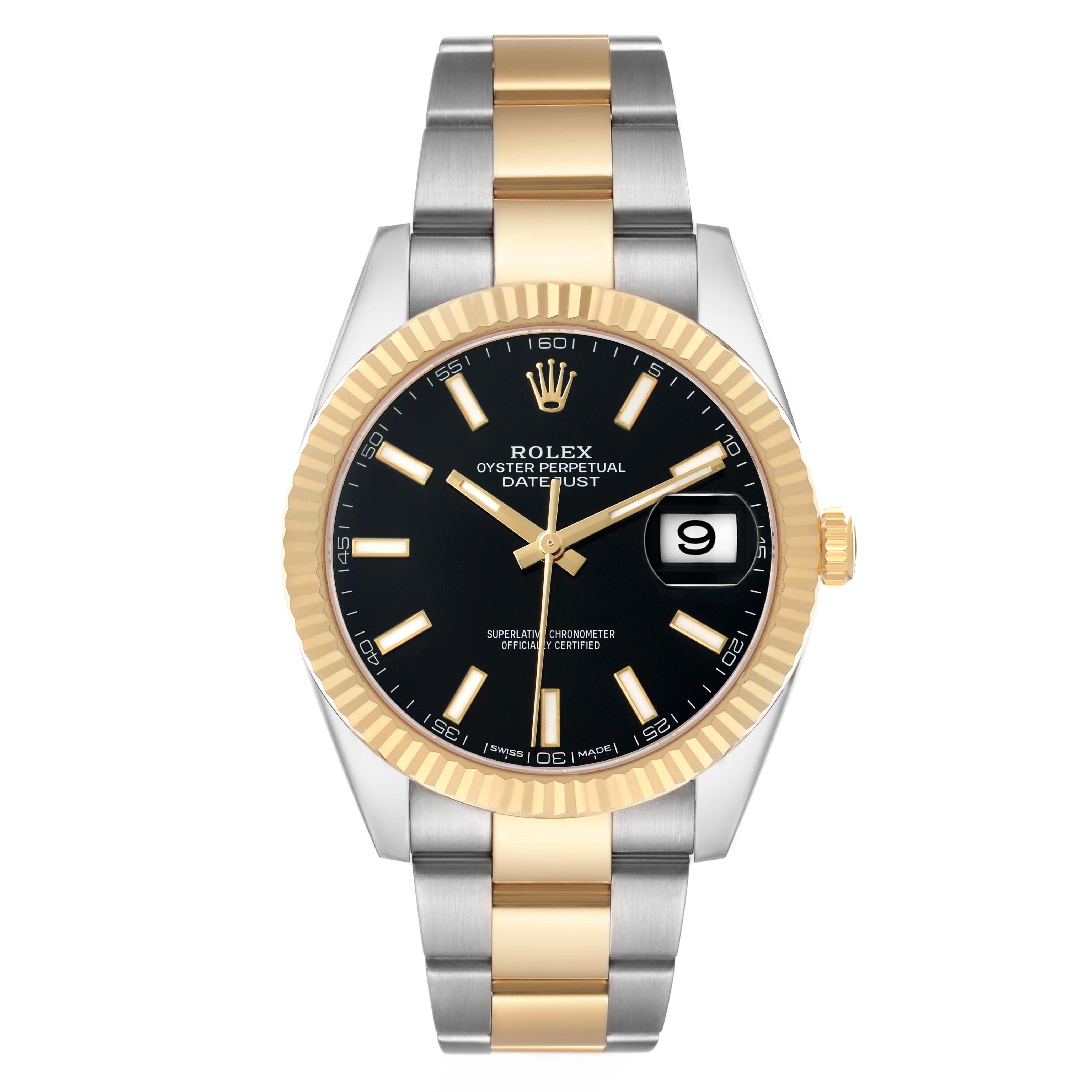 The Rolex Datejust 41 126333 Men's Steel and Gold (two tone) Black Dial is shown from a frontal angle, highlighting its black dial, fluted bezel, and two-tone bracelet.