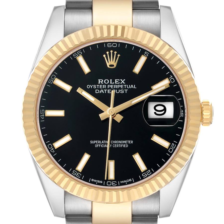 The Rolex Datejust 41 126333 Men's Steel and Gold (two tone) Black Dial watch is shown from a front angle, highlighting its black dial, gold bezel, hands, index markers, and date window.