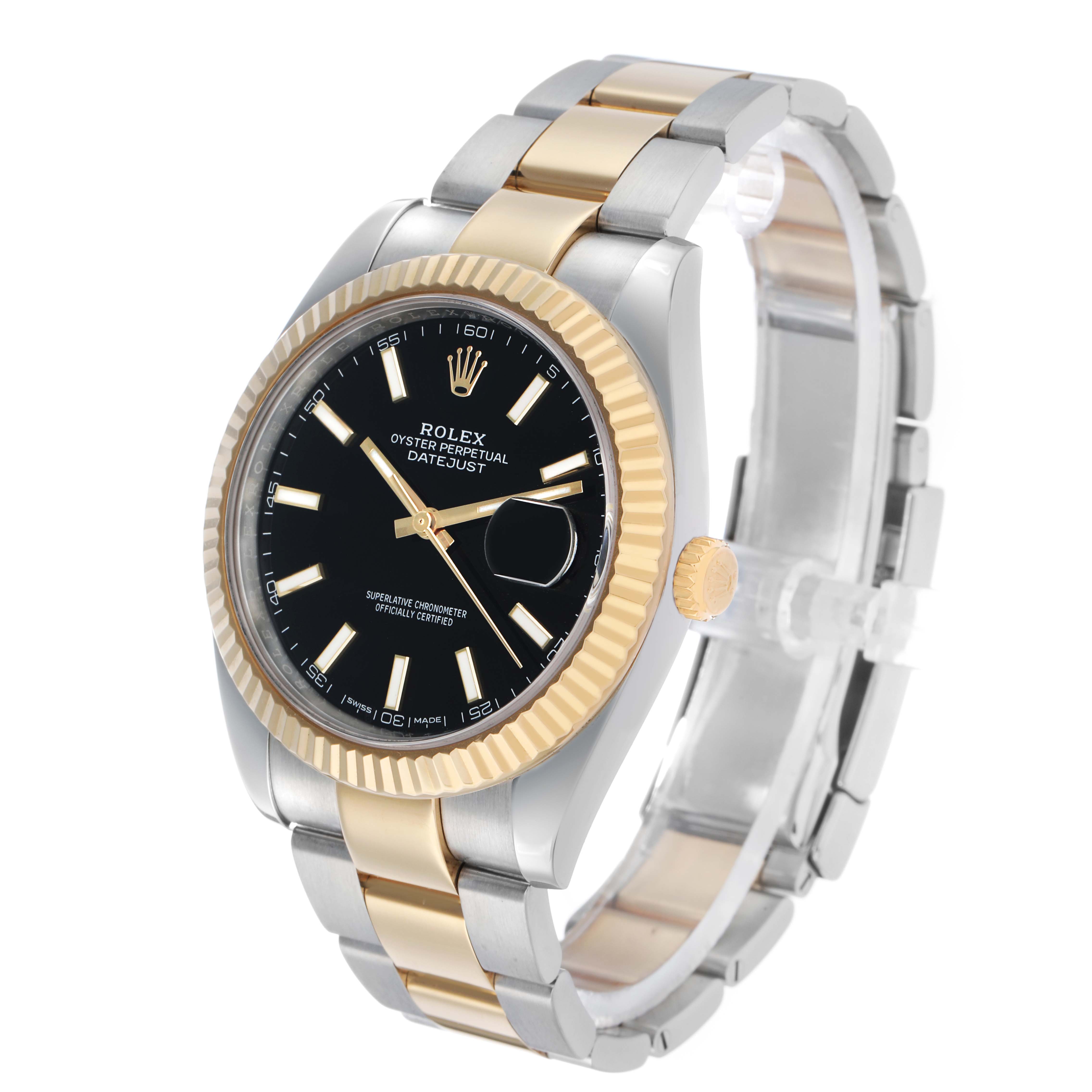 The Rolex Datejust 41 126333 Men's Steel and Gold (two tone) Black Dial is shown at an oblique angle, highlighting its two-tone bracelet and fluted bezel.