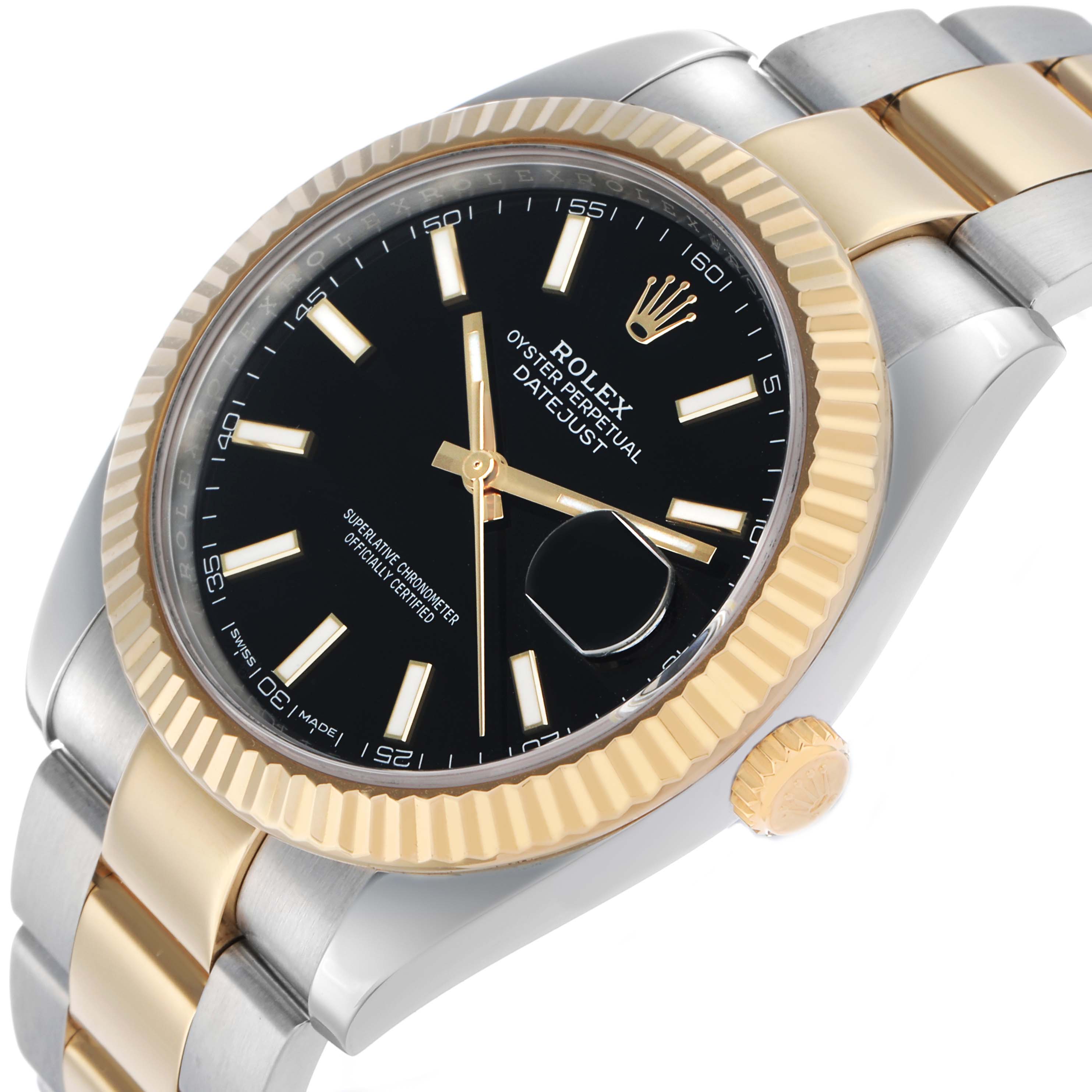 The Rolex Datejust 41 126333 Men's Steel and Gold (two tone) Black Dial is shown at a slight angle, highlighting the bezel, dial, crown, and part of the bracelet.