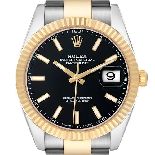 The Rolex Datejust 41 126333 Men's Steel and Gold (two tone) Black Dial watch is shown from a front angle, highlighting its dial, bezel, and part of the bracelet.