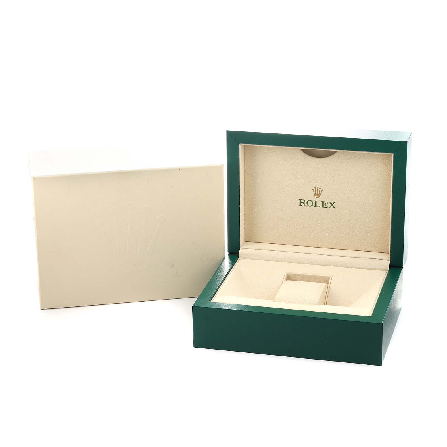 The image shows an open Rolex Datejust 41 126333 Men's Steel and Gold (two tone) Black Dial box, displaying its green exterior and cream interior with the Rolex logo.