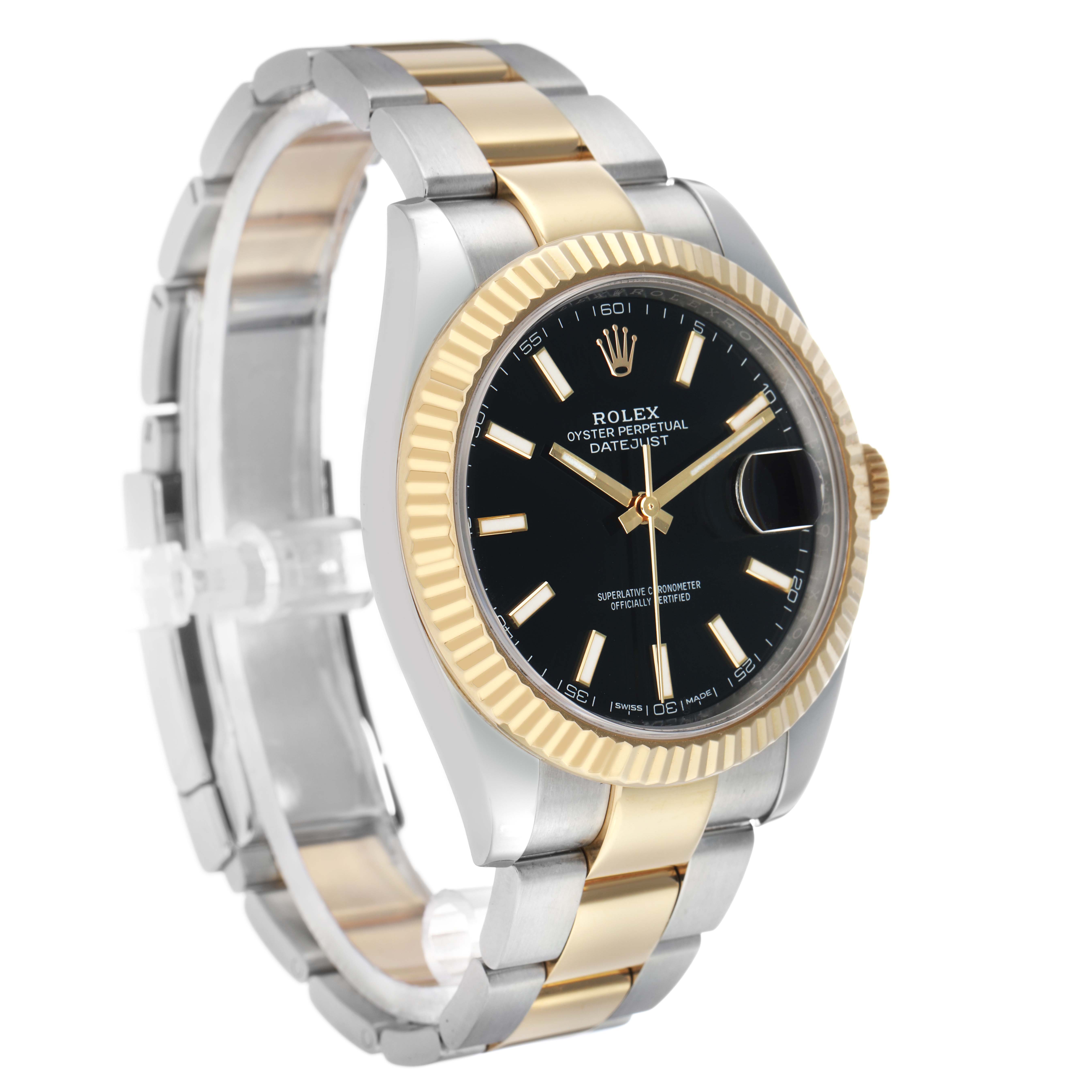 The image shows a Rolex Datejust 41 126333 Men's Steel and Gold (two tone) Black Dial at an angled side view, highlighting its gold and silver bracelet and gold fluted bezel.