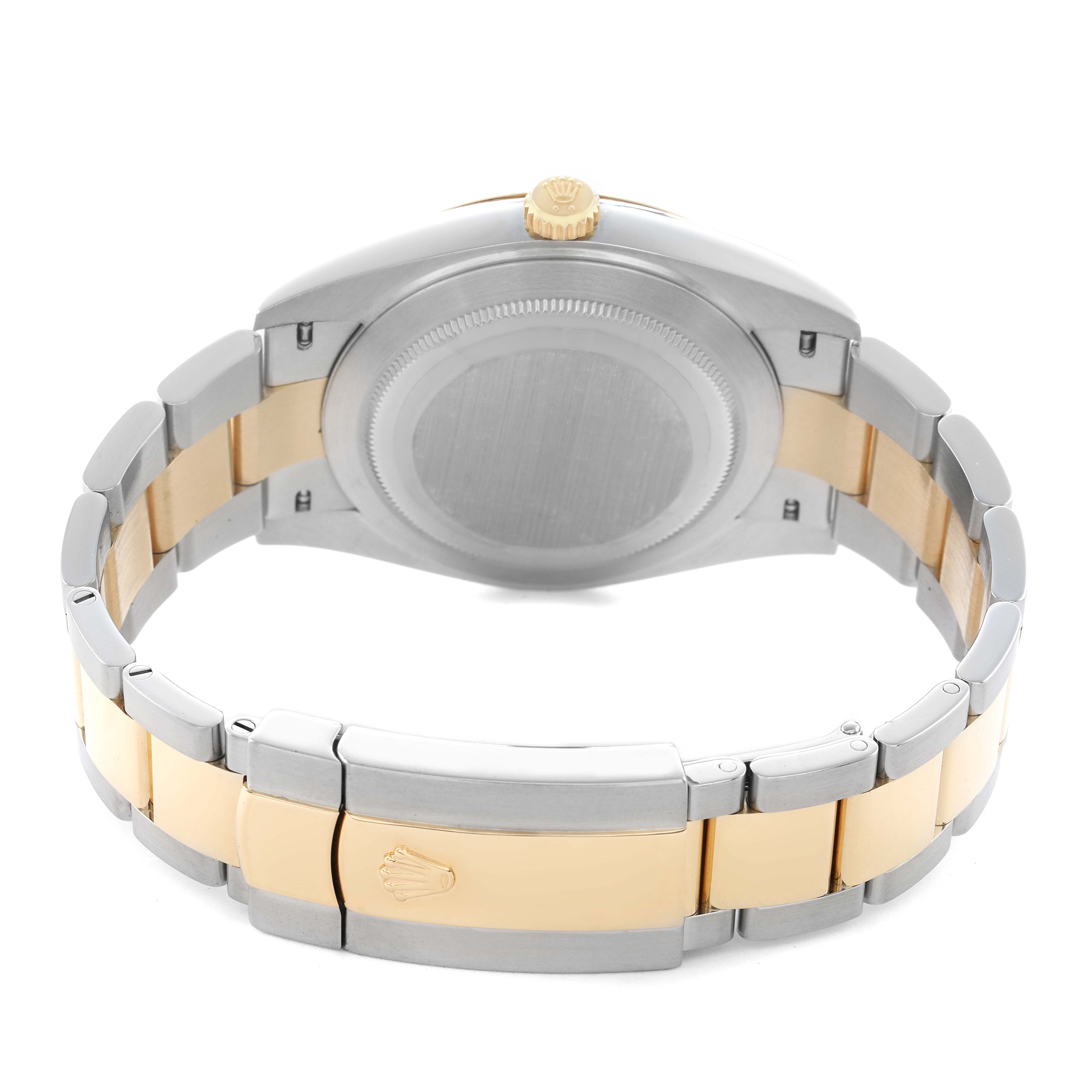 This image shows the back and bracelet of a Rolex Datejust 41 126333 Men's Steel and Gold (two tone) Black Dial, highlighting the two-tone link design and clasp.