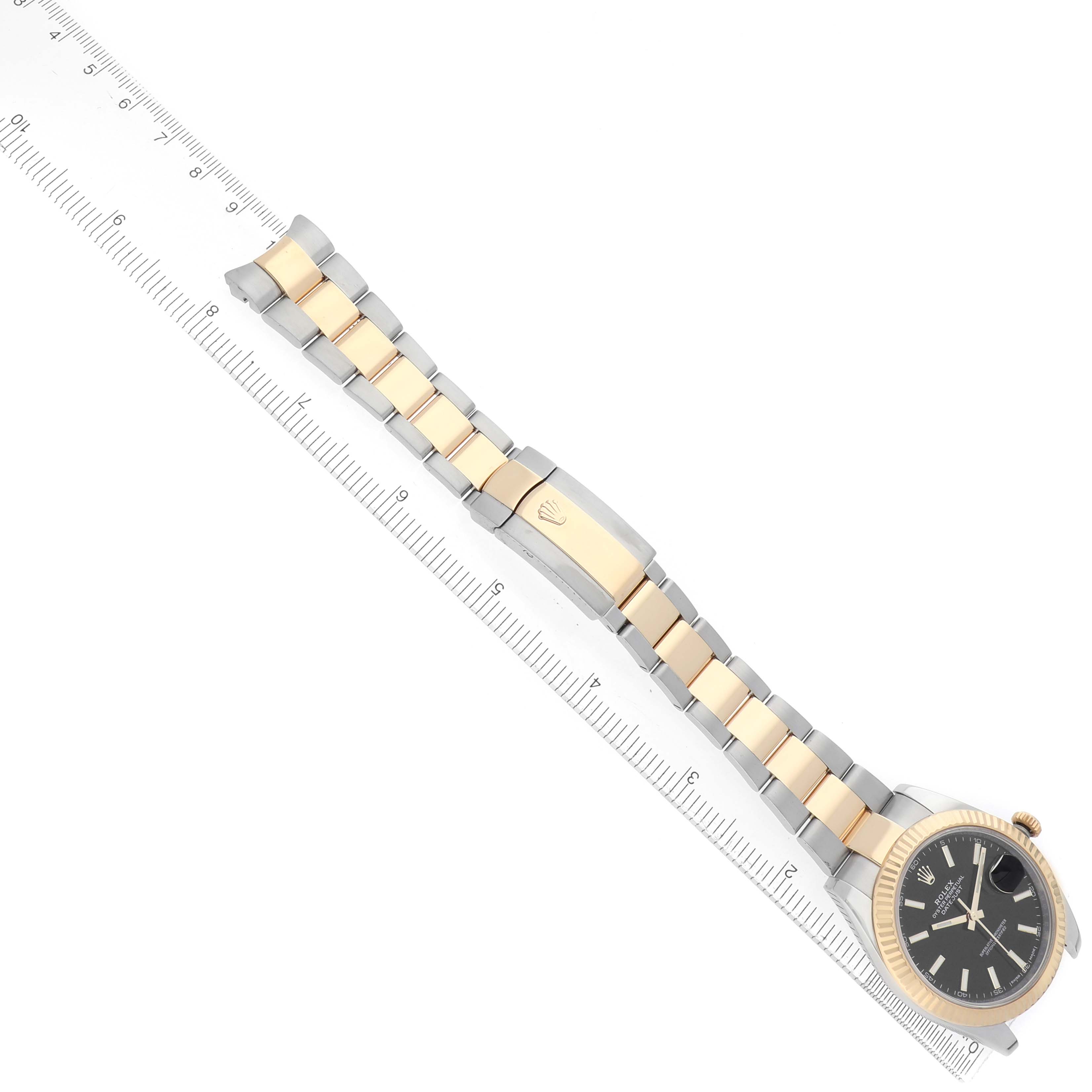 The Rolex Datejust 41 126333 Men's Steel and Gold (two tone) Black Dial is shown from an angled top view, displaying the bracelet, clasp, and watch face.