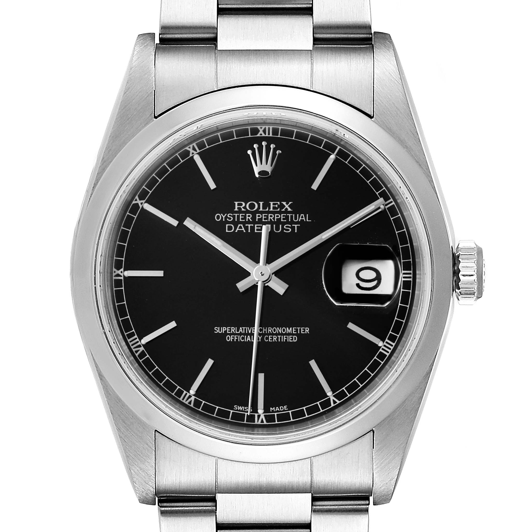 This image shows a front view of a Rolex Datejust 16200 Men's Stainless Steel Black Dial 16200 Men's Stainless Steel Black Dial watch, featuring its dial, hands, date window, bezel, and part of the bracelet.